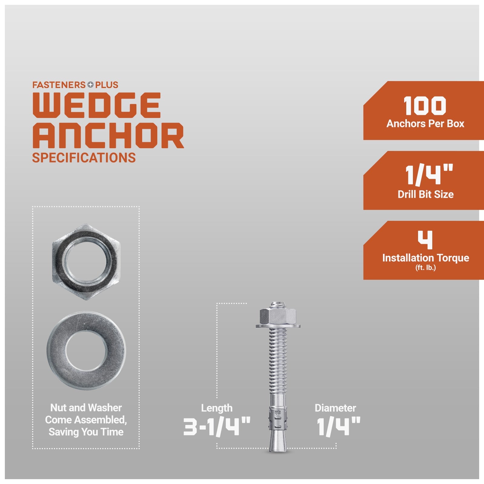 Simpson 1/4" x 3-1/4" Strong Bolt 2 Fully Assembled Wedge Anchor - 316 Stainless Steel, Pkg 100 Dimensions