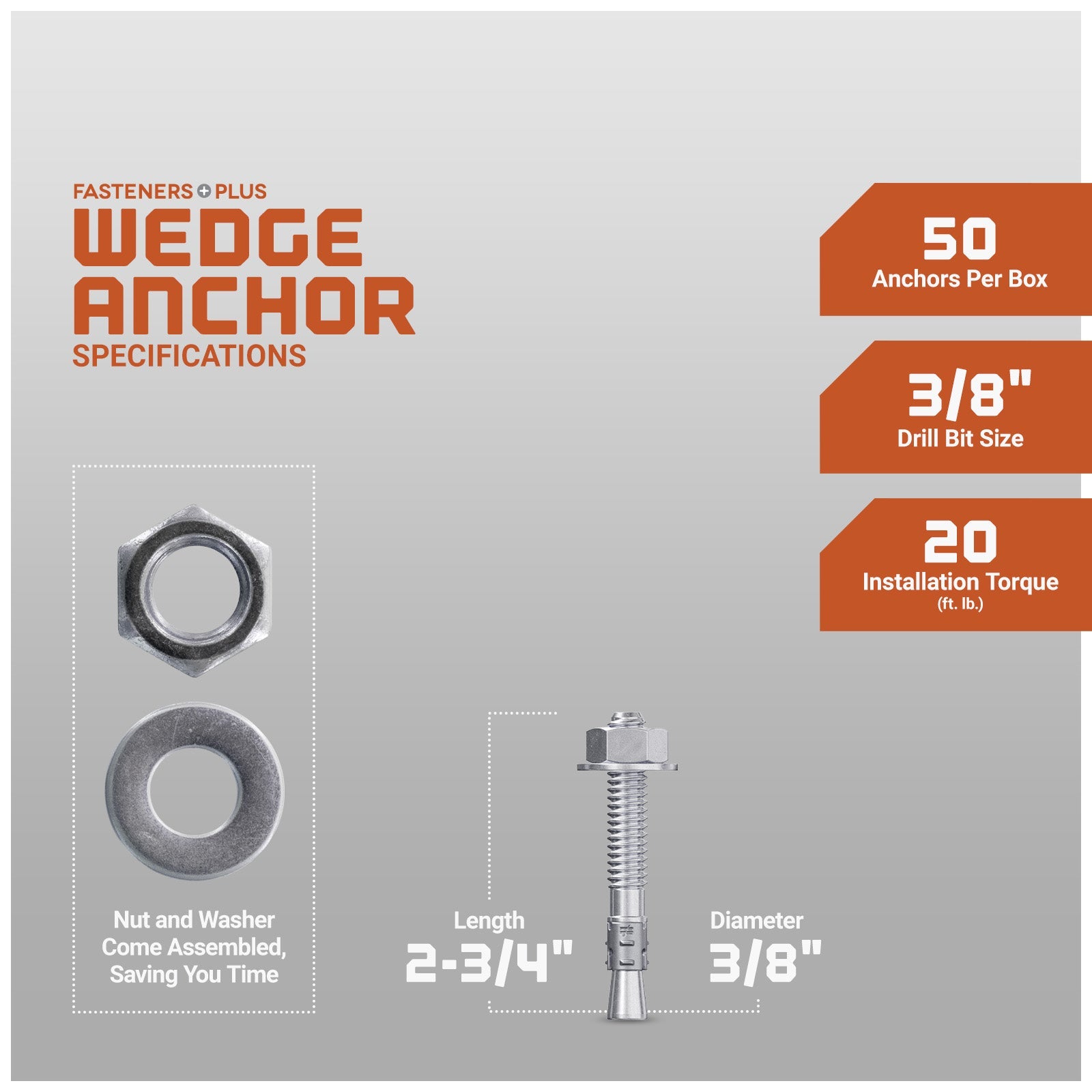 Simpson 3/8" x 2-3/4" Strong Bolt 2 Fully Assembled Wedge Anchor - 316 Stainless Steel, Pkg 50 Dimensions