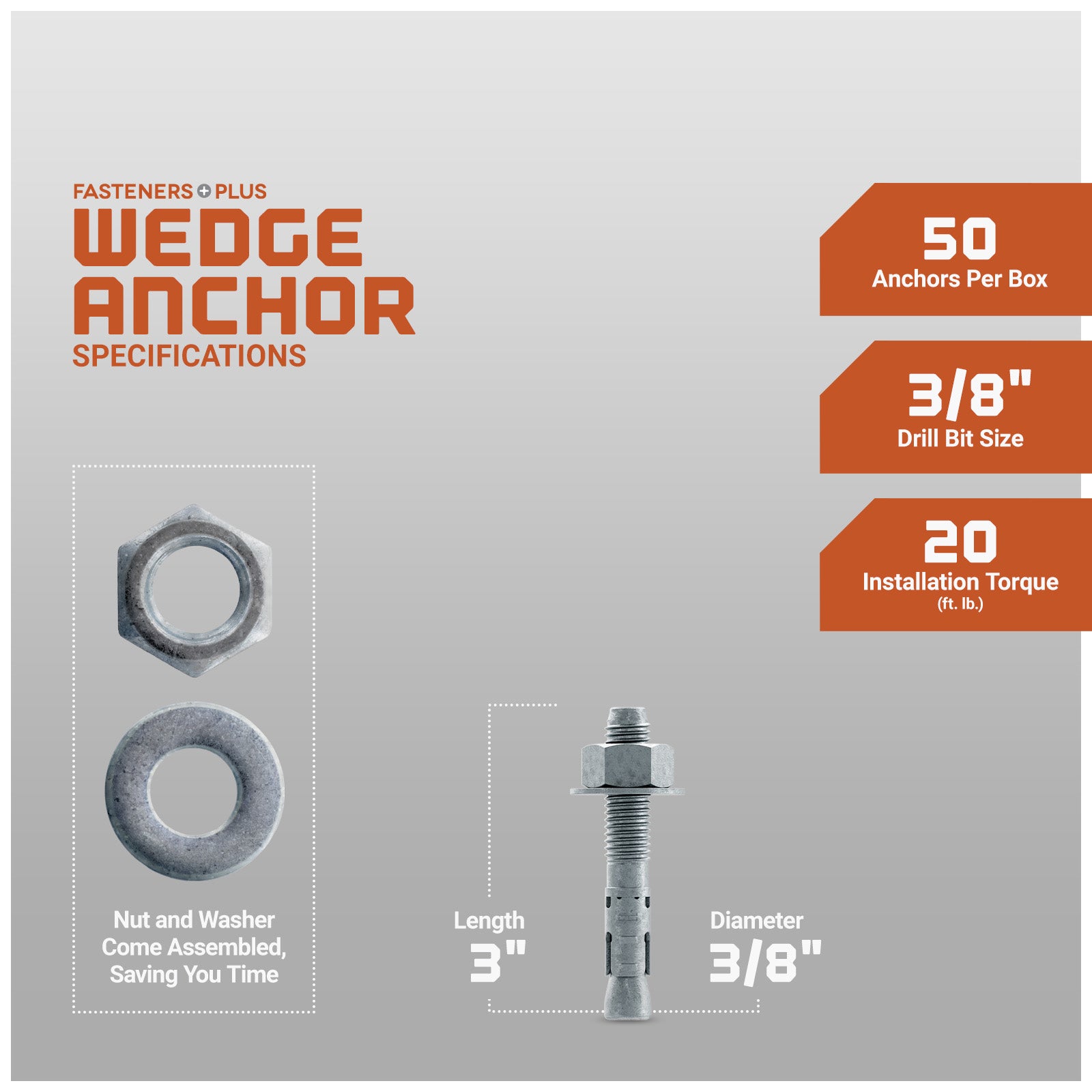 Wedge anchor with specifications on a gray background