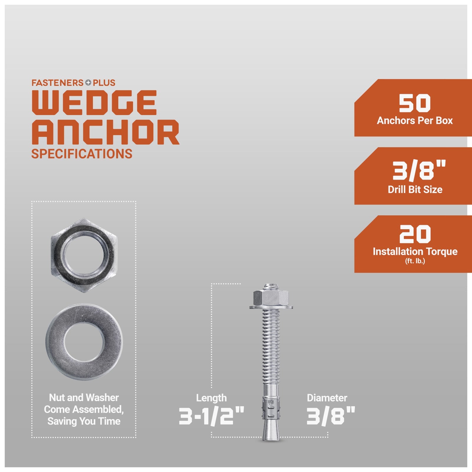 Simpson 3/8" x 3-1/2" Strong Bolt 2 Fully Assembled Wedge Anchor - 304 Stainless Steel, Pkg 50 Dimensions.