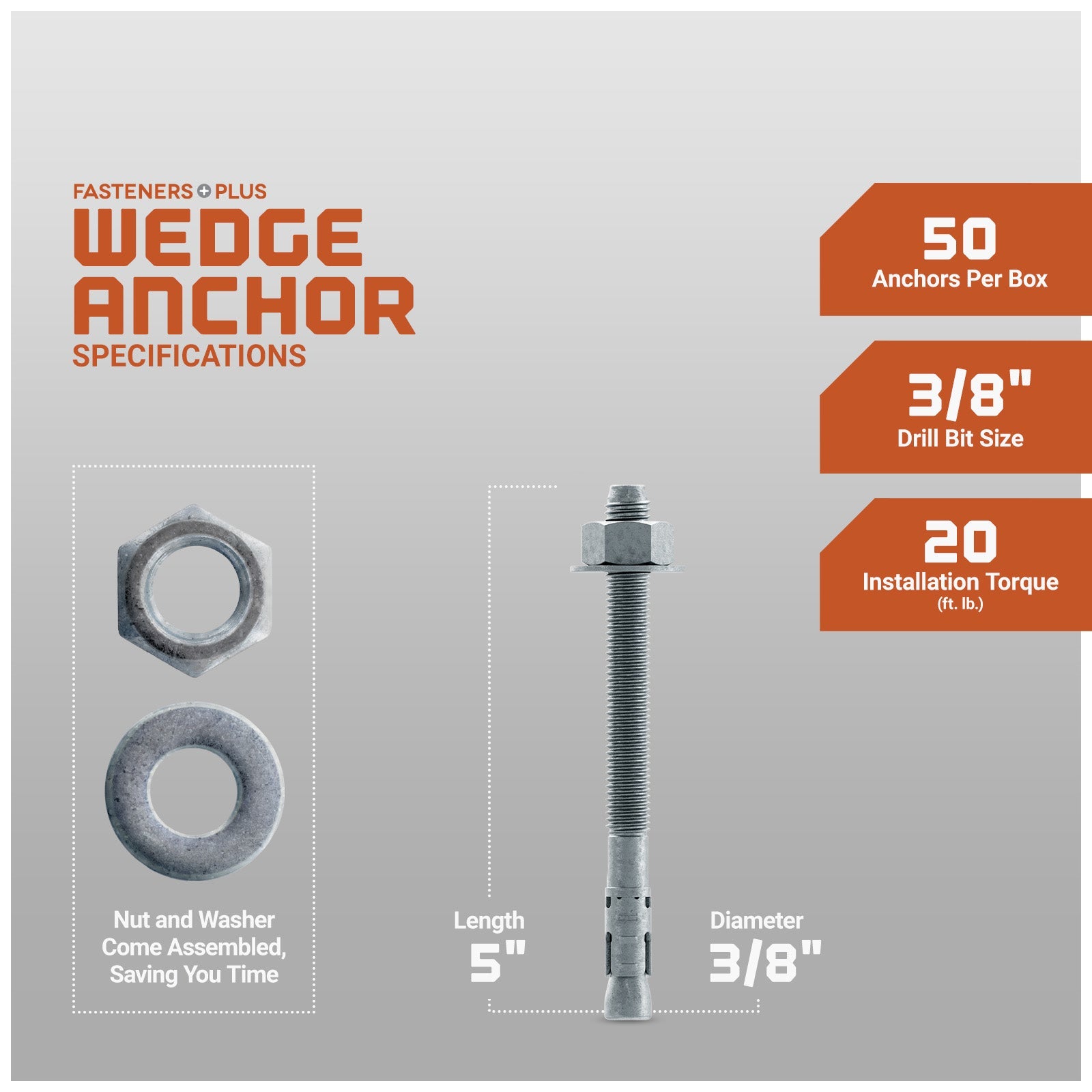 Simpson 3/8" x 5" Strong Bolt 2 Fully Assembled Wedge Anchor - Mechanically Galvanized, Pkg 50 Dimensions