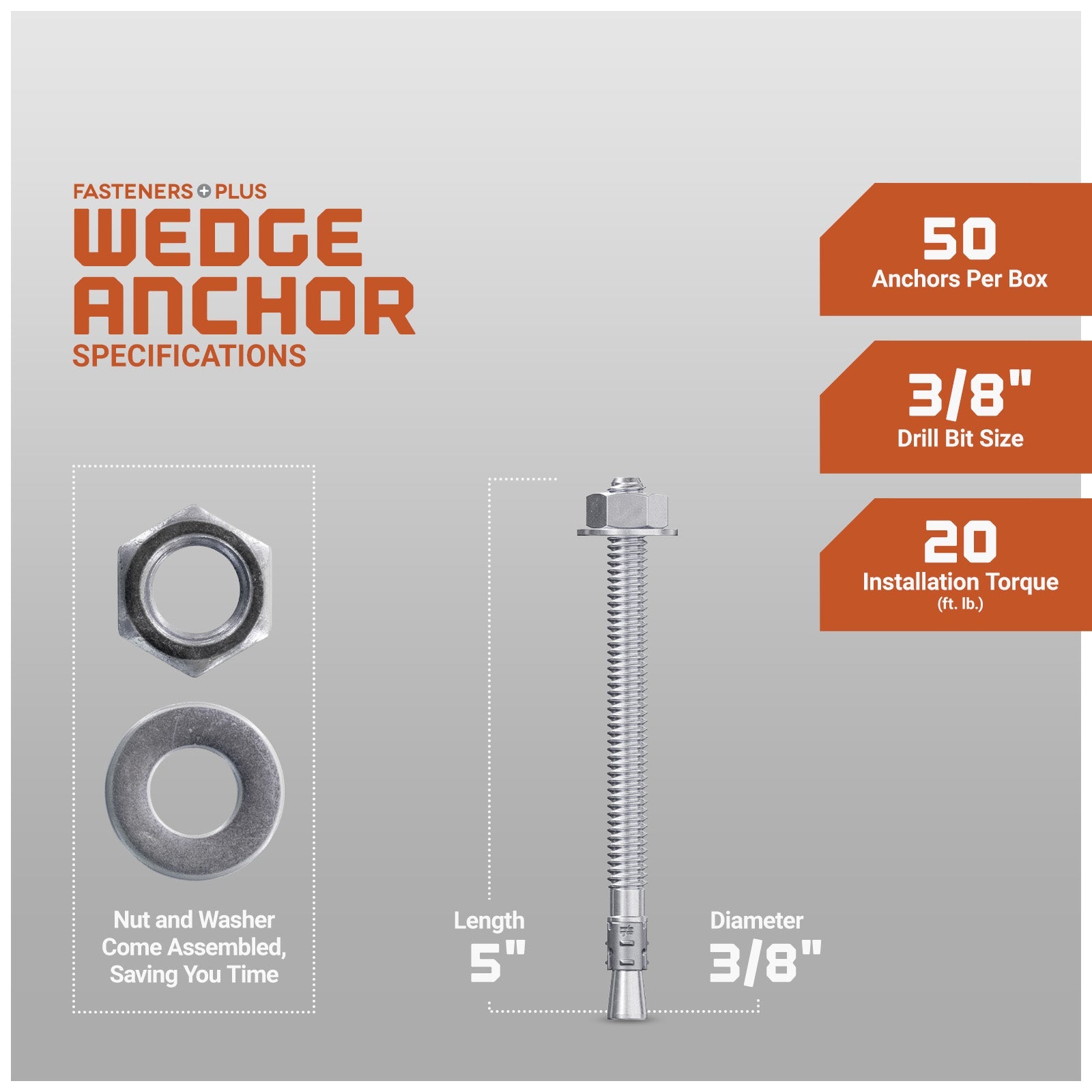 Simpson 3/8" x 5" Strong Bolt 2 Fully Assembled Wedge Anchor - 304 Stainless Steel, Pkg 50 Dimensions