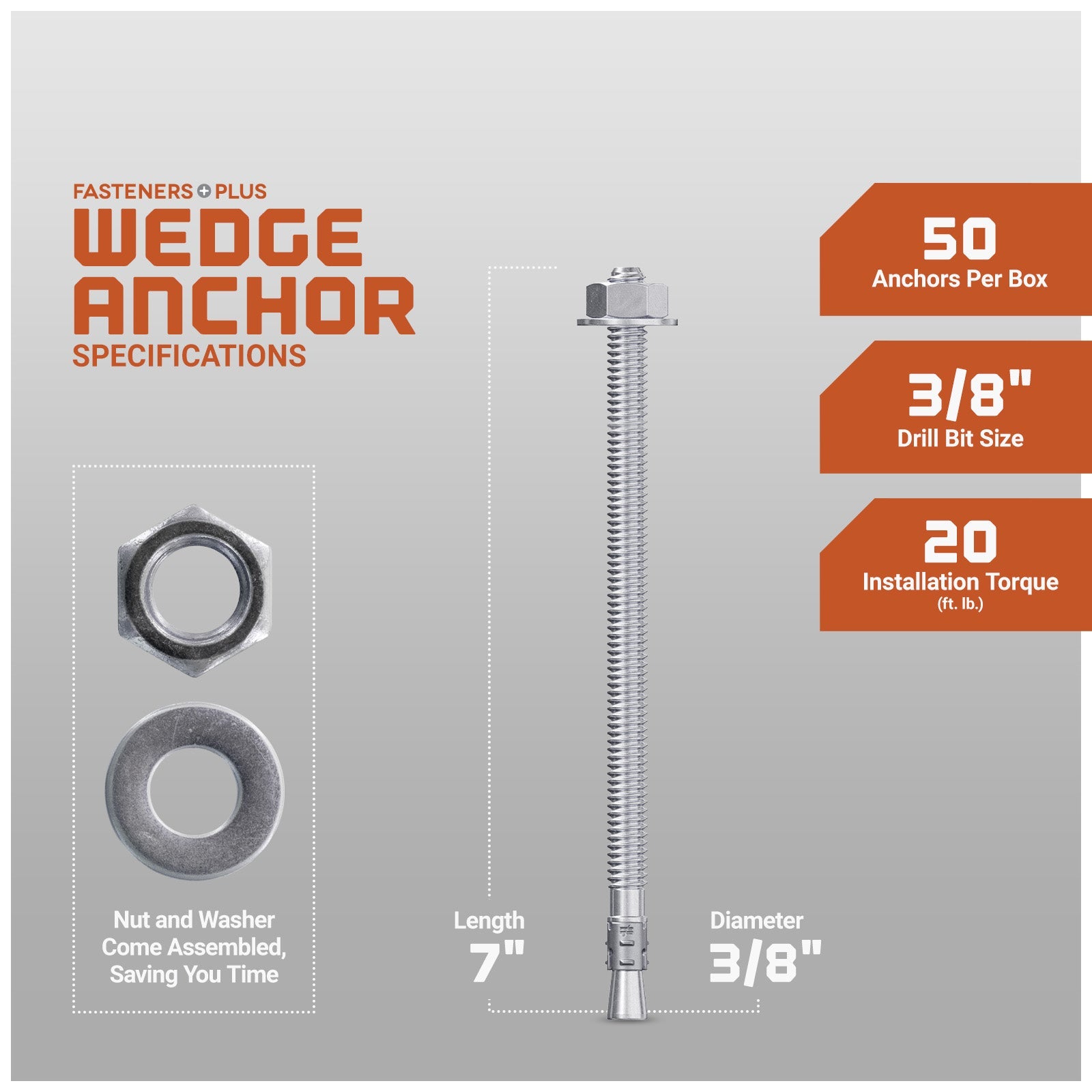 Simpson 3/8" x 7" Strong Bolt 2 Fully Assembled Wedge Anchor - 316 Stainless Steel, Pkg 50 Dimensions