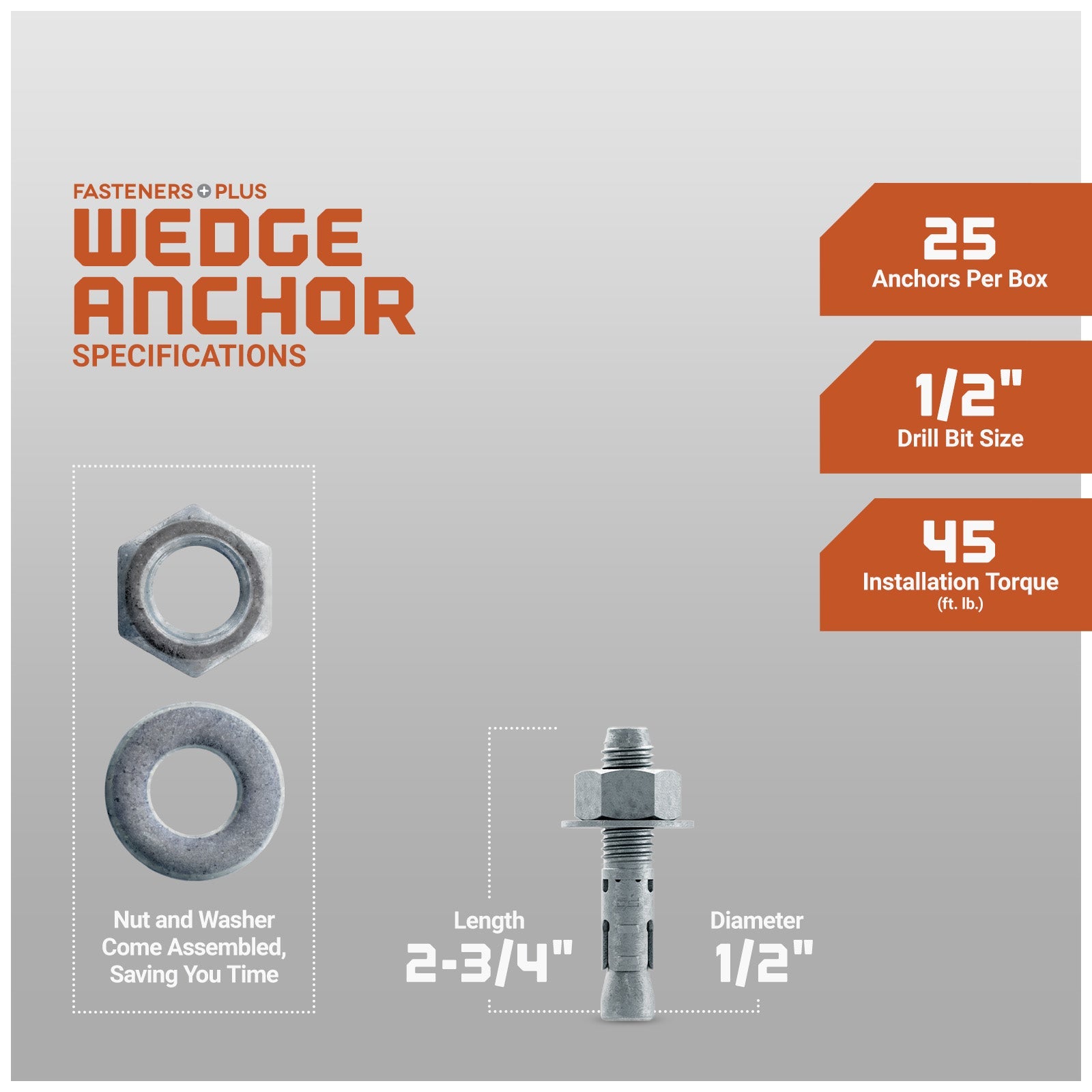 Simpson 1/2" x 2-3/4" Strong Bolt 2 Fully Assembled Wedge Anchor - Mechanically Galvanized, Pkg 25 Dimensions