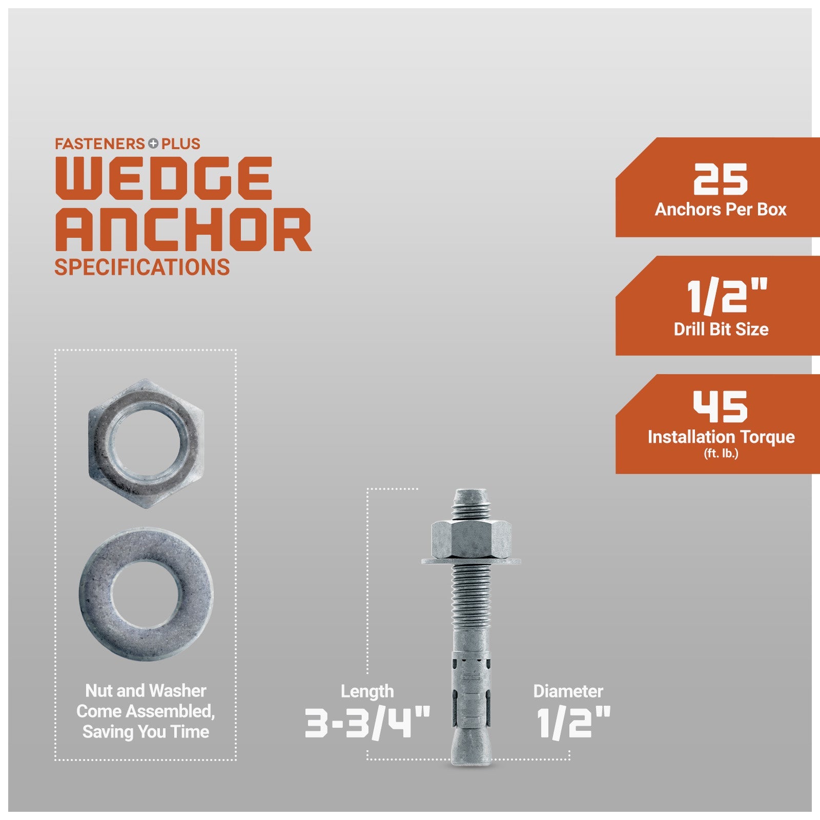 Simpson 1/2" x 3-3/4" Strong Bolt 2 Fully Assembled Wedge Anchor - Mechanically Galvanized, Pkg 25 Dimensions