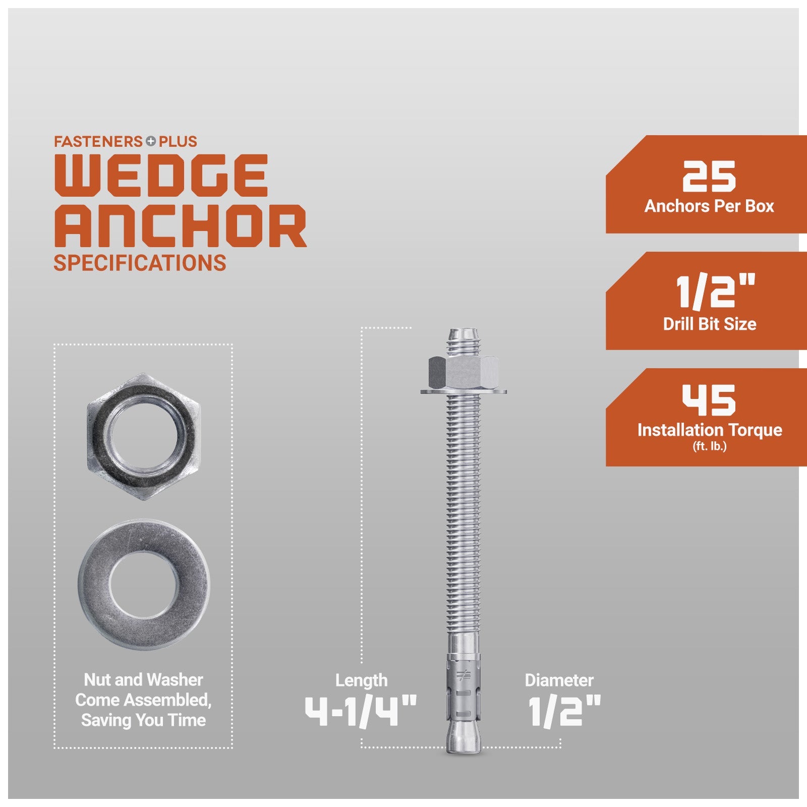 Simpson 1/2" x 4-1/4" Strong Bolt 2 Fully Assembled Wedge Anchor - 316 Stainless Steel, Pkg 25 Dimensions