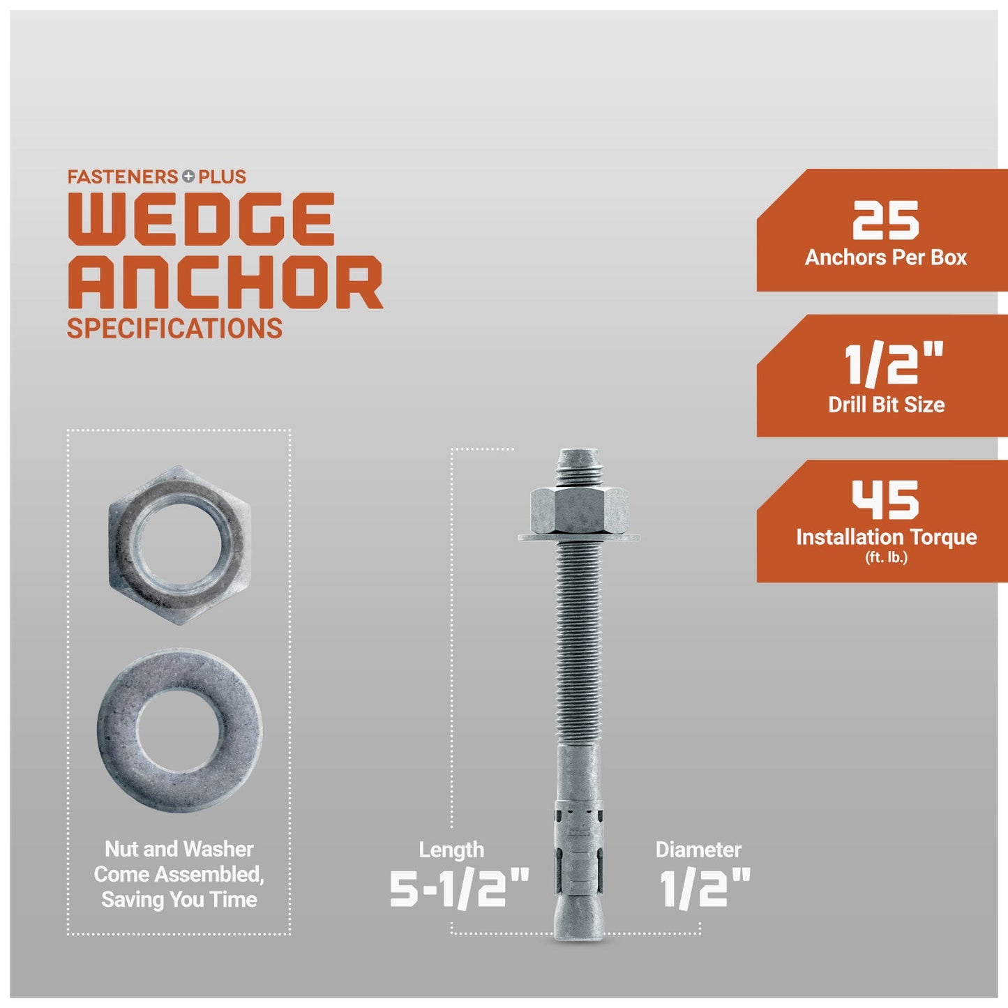 Simpson 1/2" x 5-1/2" Strong Bolt 2 Fully Assembled Wedge Anchor - Mechanically Galvanized, Pkg 25 Dimensions