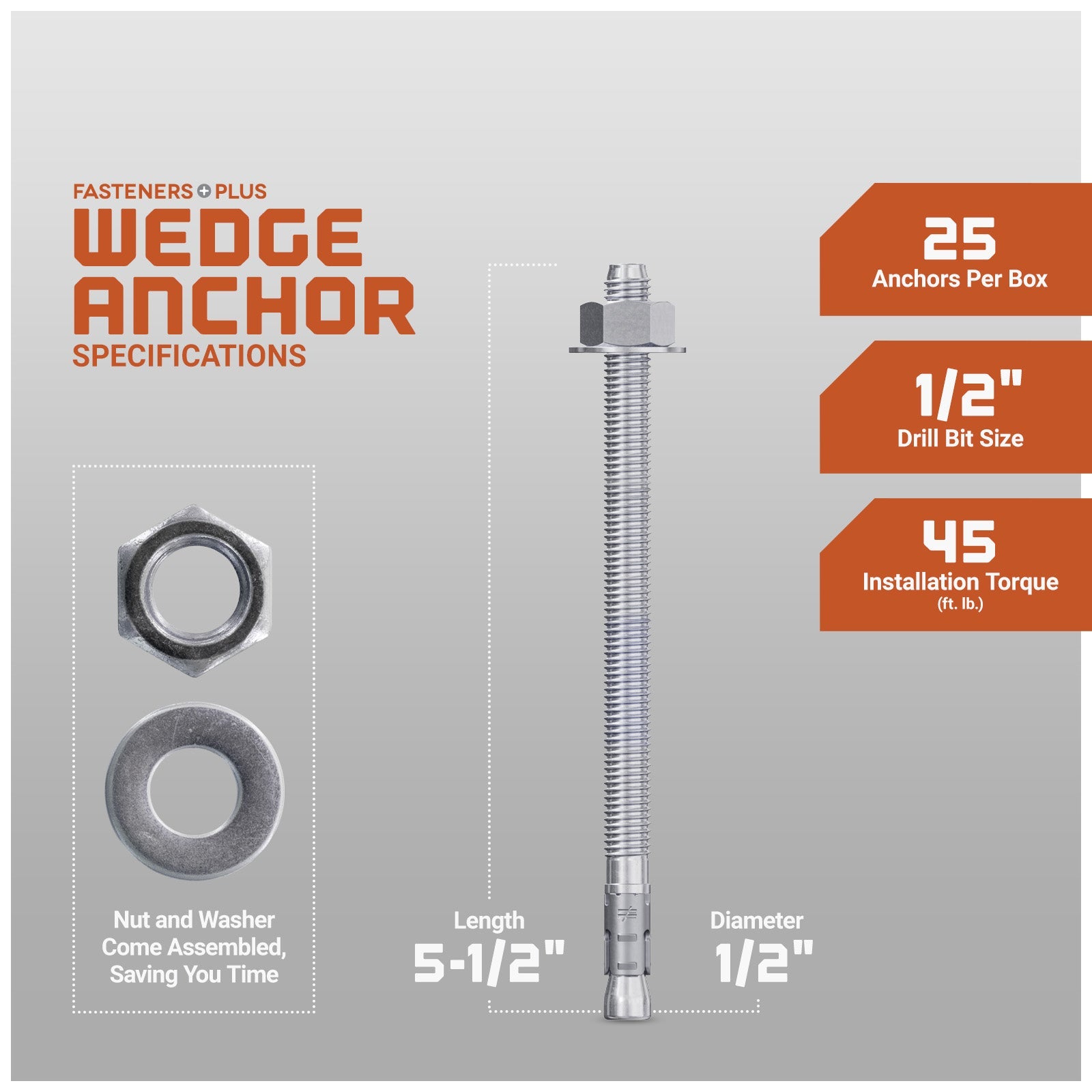 Simpson 1/2" x 5-1/2" Strong Bolt 2 Fully Assembled Wedge Anchor - 304 Stainless Steel, Pkg 25 Dimensions