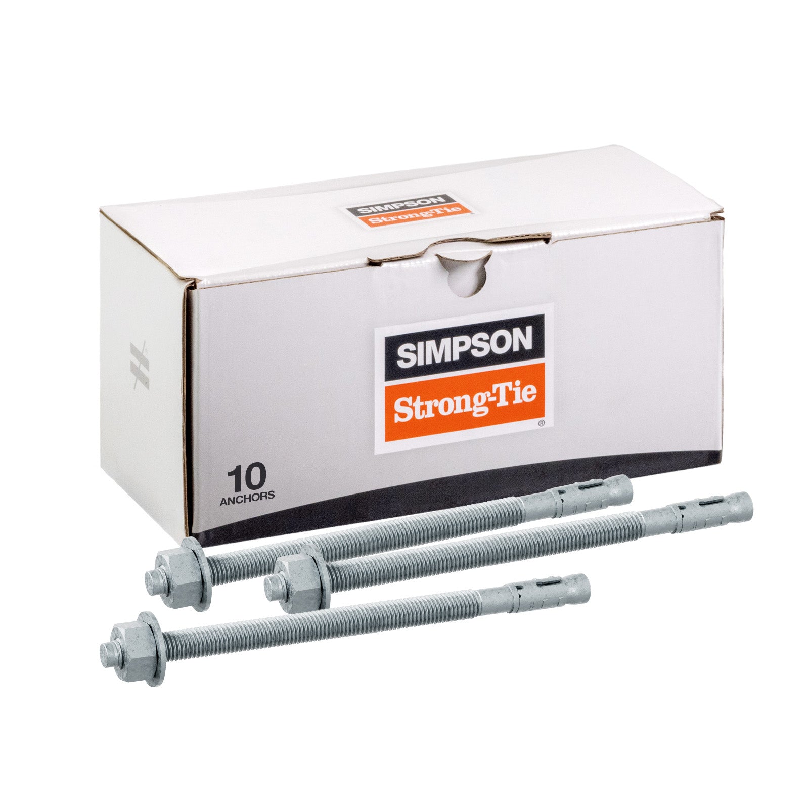 Simpson Strong-Tie anchor package with three anchors in front on a white background