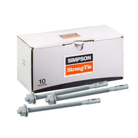 Simpson Strong-Tie anchor package with three anchors in front on a white background