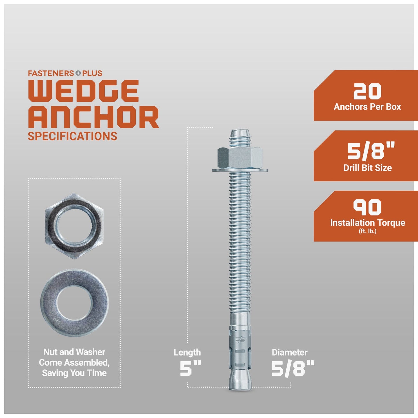 5/8" x 5" Strong-Tie Strong Bolt 2 Wedge Anchor Fully-Assembled, Zinc Plated, Pkg 20 Dimensions
