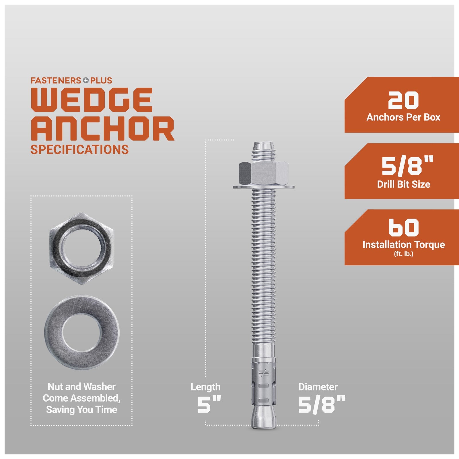 Simpson 5/8" x 5" Strong Bolt 2 Fully Assembled Wedge Anchor - 304 Stainless Steel, Pkg 20 Dimensions