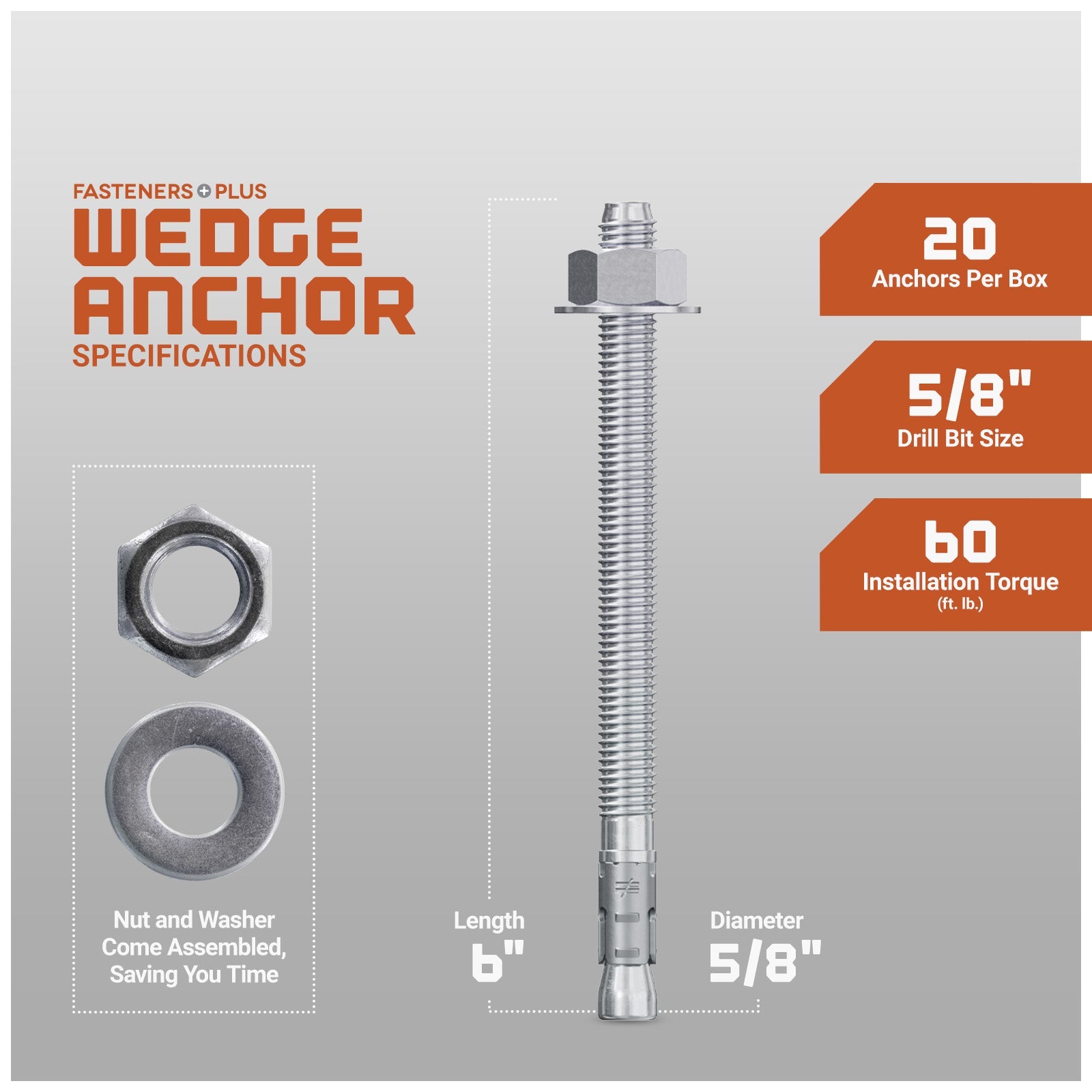 Simpson 5/8" x 6" Strong Bolt 2 Fully Assembled Wedge Anchor - 304 Stainless Steel, Pkg 20 Dimensions