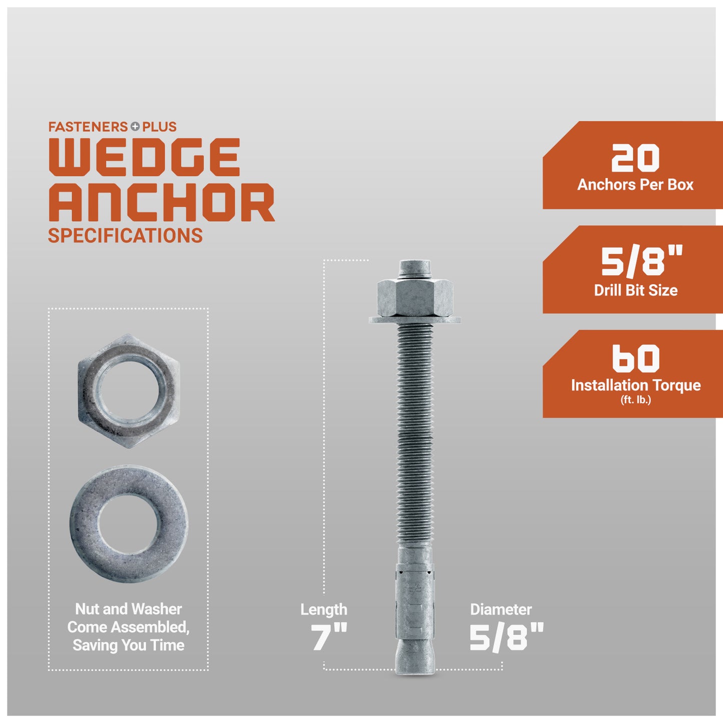 Simpson 5/8" x 7" Strong Bolt 2 Fully Assembled Wedge Anchor - Mechanically Galvanized, Pkg 20 Dimensions