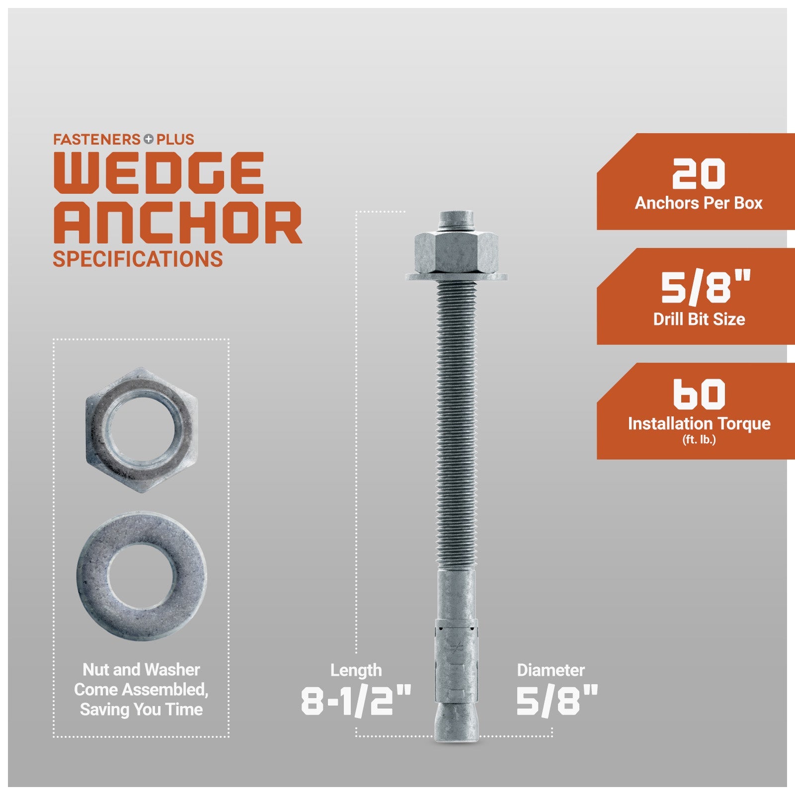 Simpson 5/8" x 8-1/2" Strong Bolt 2 Fully Assembled Wedge Anchor - Mechanically Galvanized, Pkg 20 Dimensions