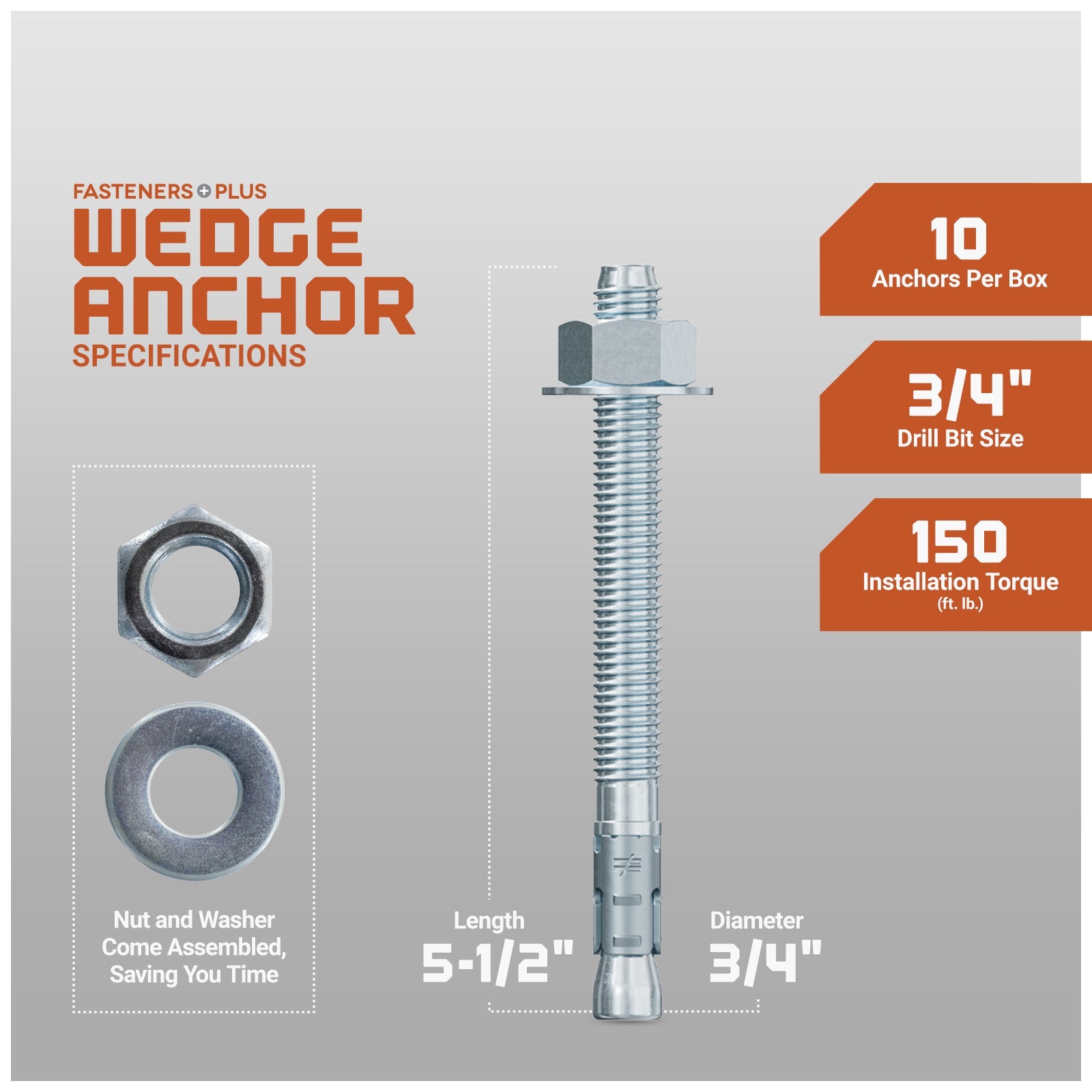 3/4" x 5-1/2" Strong-Tie Strong Bolt 2 Wedge Anchor Fully-Assembled, Zinc Plated, Pkg 10 Dimensions
