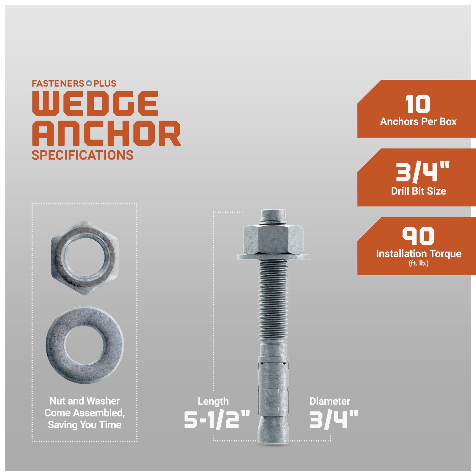 Simpson 3/4" x 5-1/2" Strong Bolt 2 Fully Assembled Wedge Anchor - Mechanically Galvanized, Pkg 10 Dimensions
