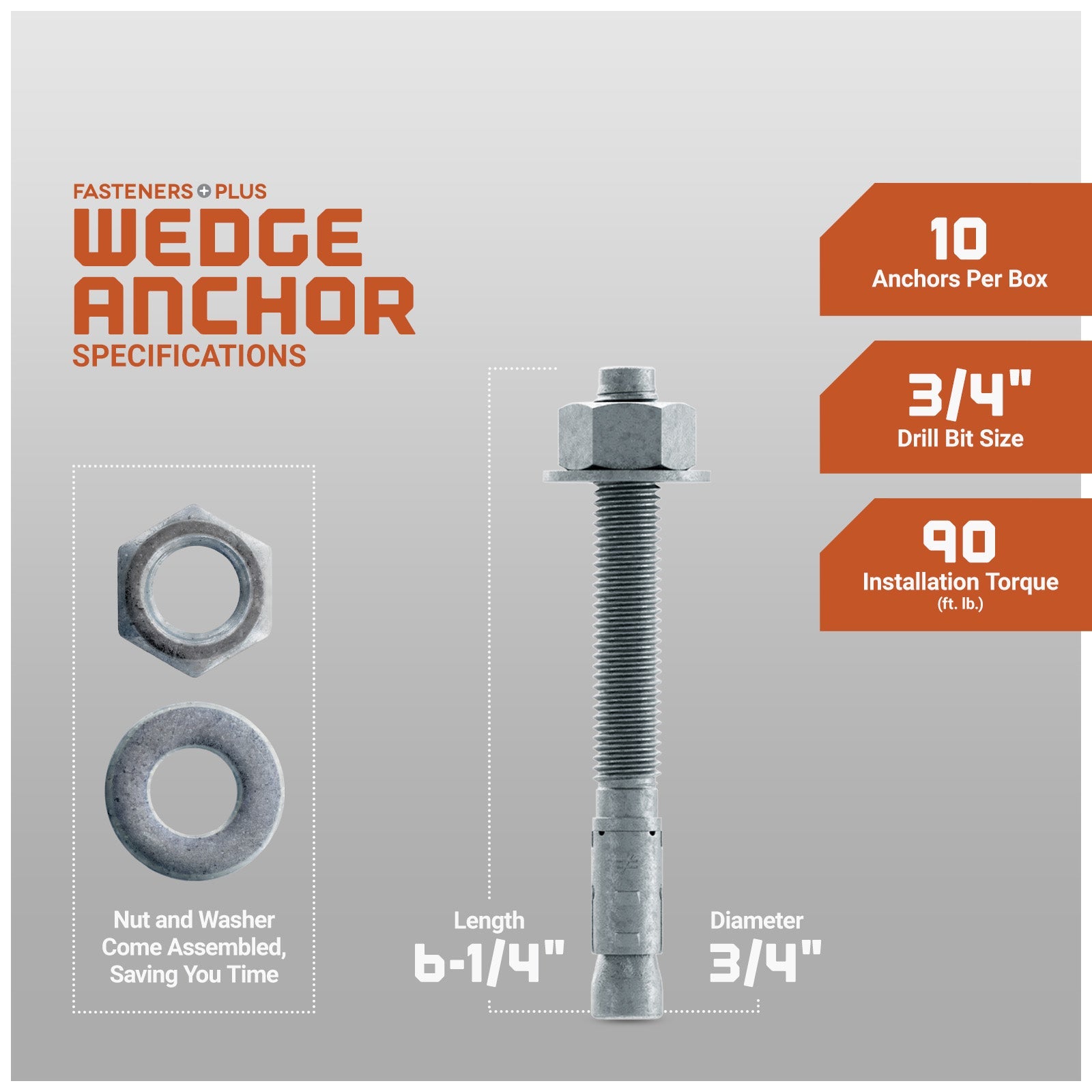 Simpson 3/4" x 6-1/4" Strong Bolt 2 Fully Assembled Wedge Anchor - Mechanically Galvanized, Pkg 10 Dimensions
