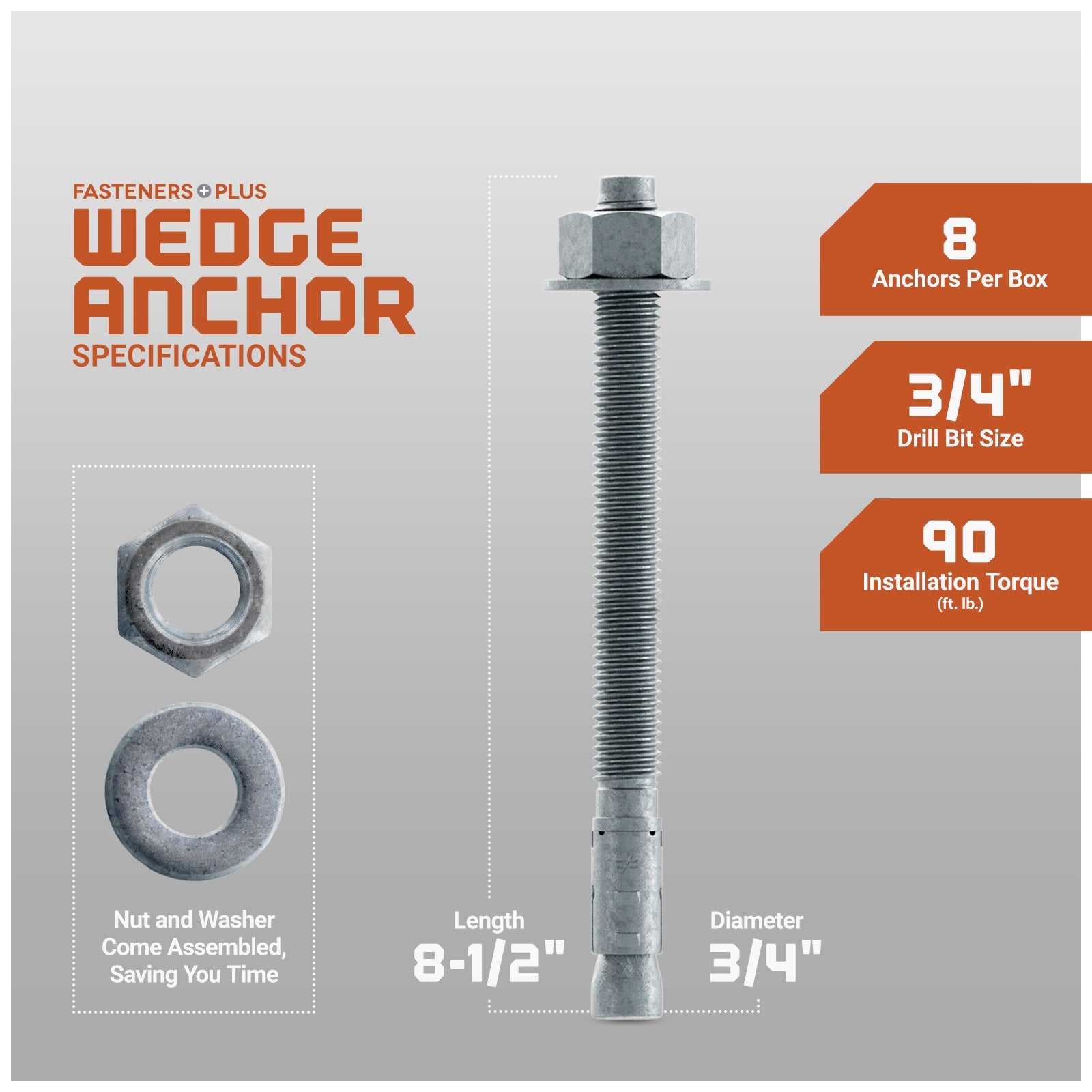 Simpson 3/4" x 8-1/2" Strong Bolt 2 Fully Assembled Wedge Anchor - Mechanically Galvanized, Pkg 8 Dimensions