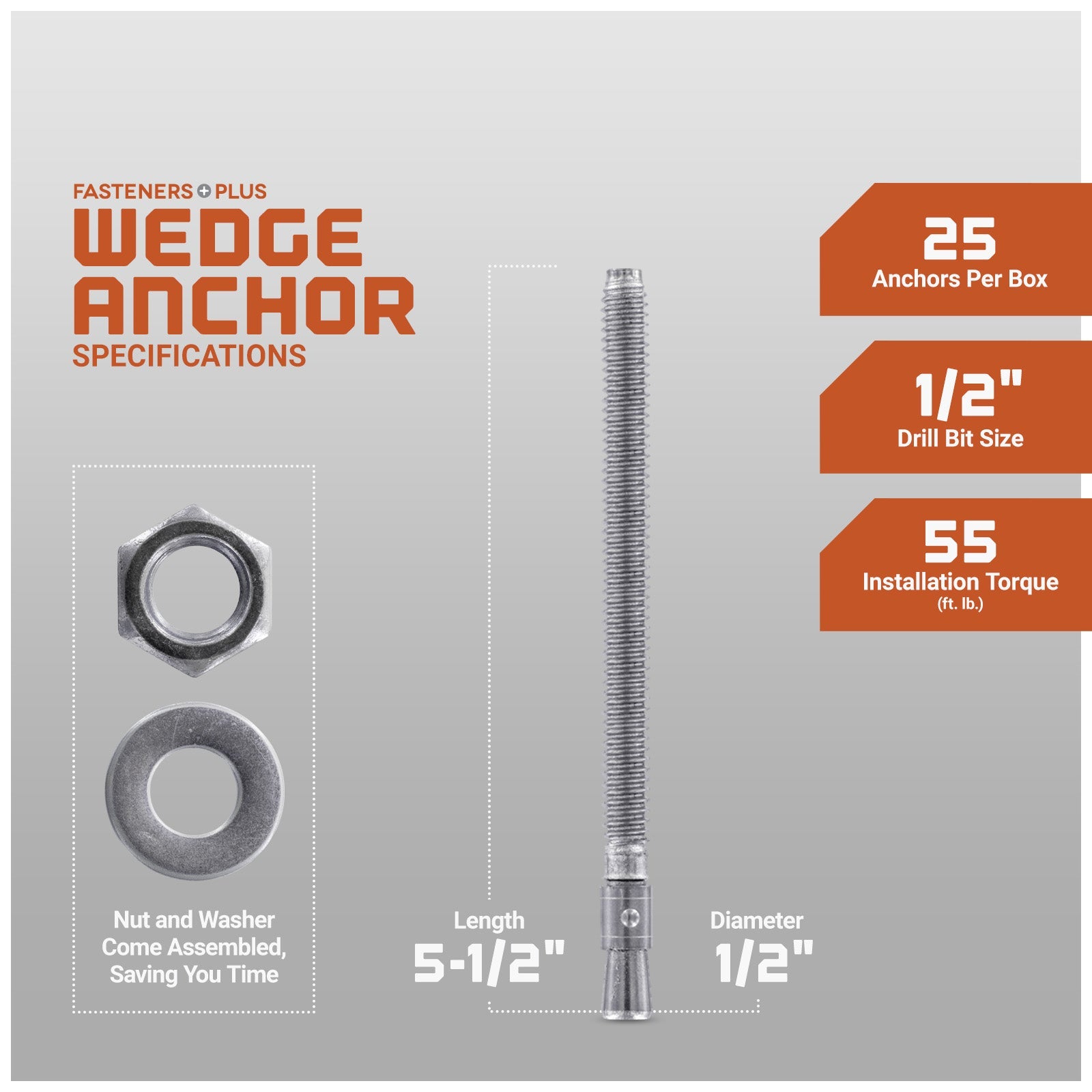 1/2" x 5-1/2" Red Head Trubolt 316 Stainless Steel Wedge Anchor, Pkg 25 Dimensions