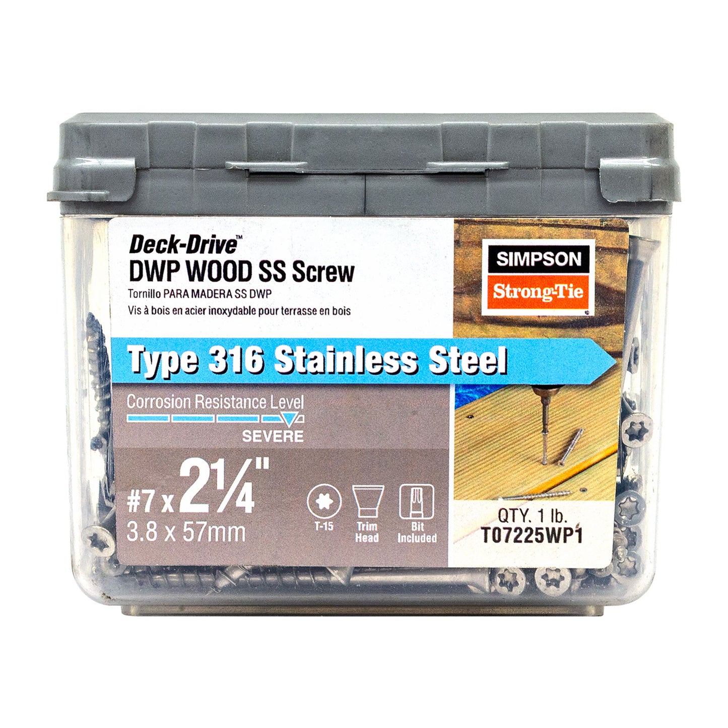 #7 x 2-1/4" T15 DWP Trim Head Wood Screw - 316 Stainless Steel, 1 lb. Pkg