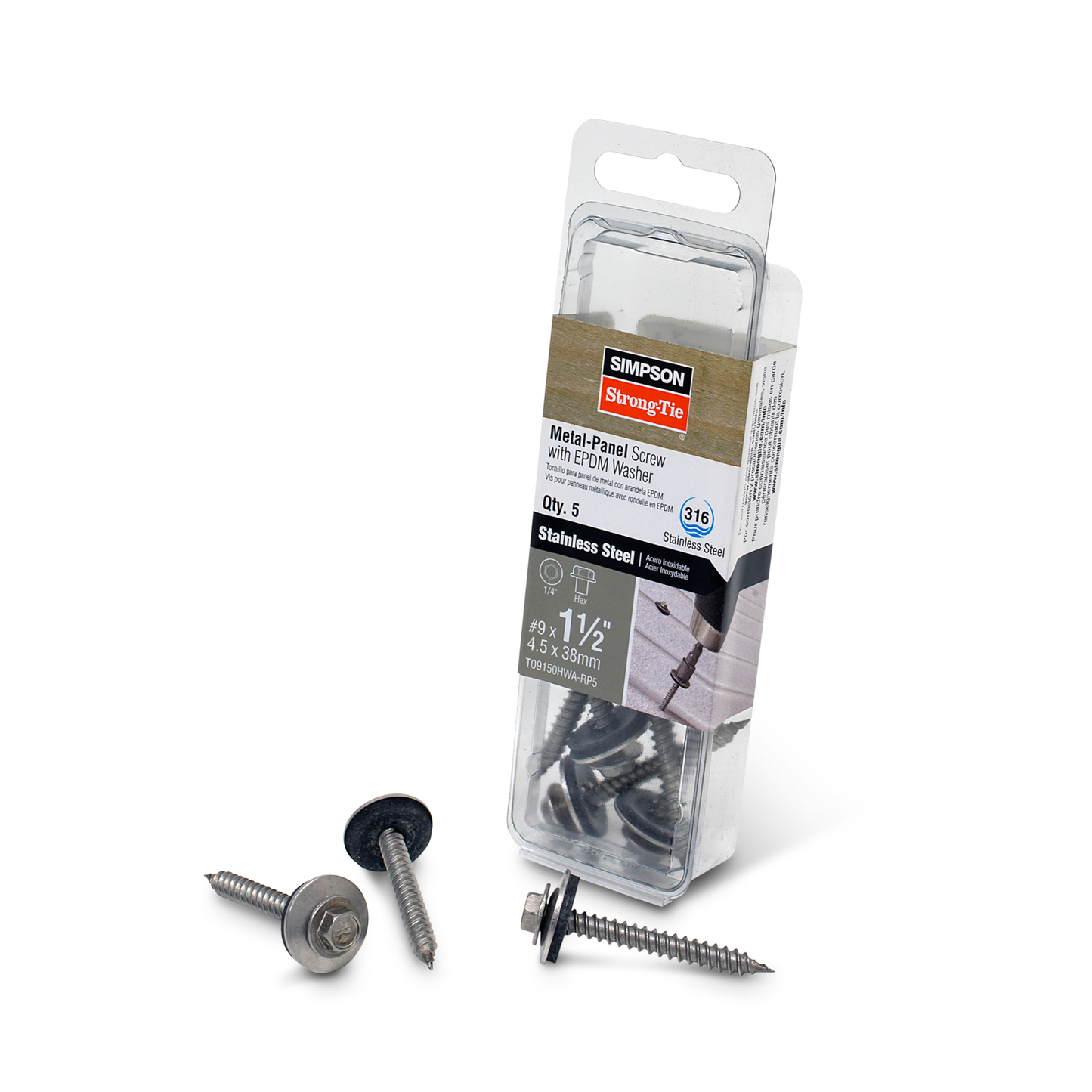 Simpson T09150HWA-RP5 #9 x 1-1/2" Hex Head Metal Panel Screw with EPDM Washer - 316 Stainless Steel, Pkg 5