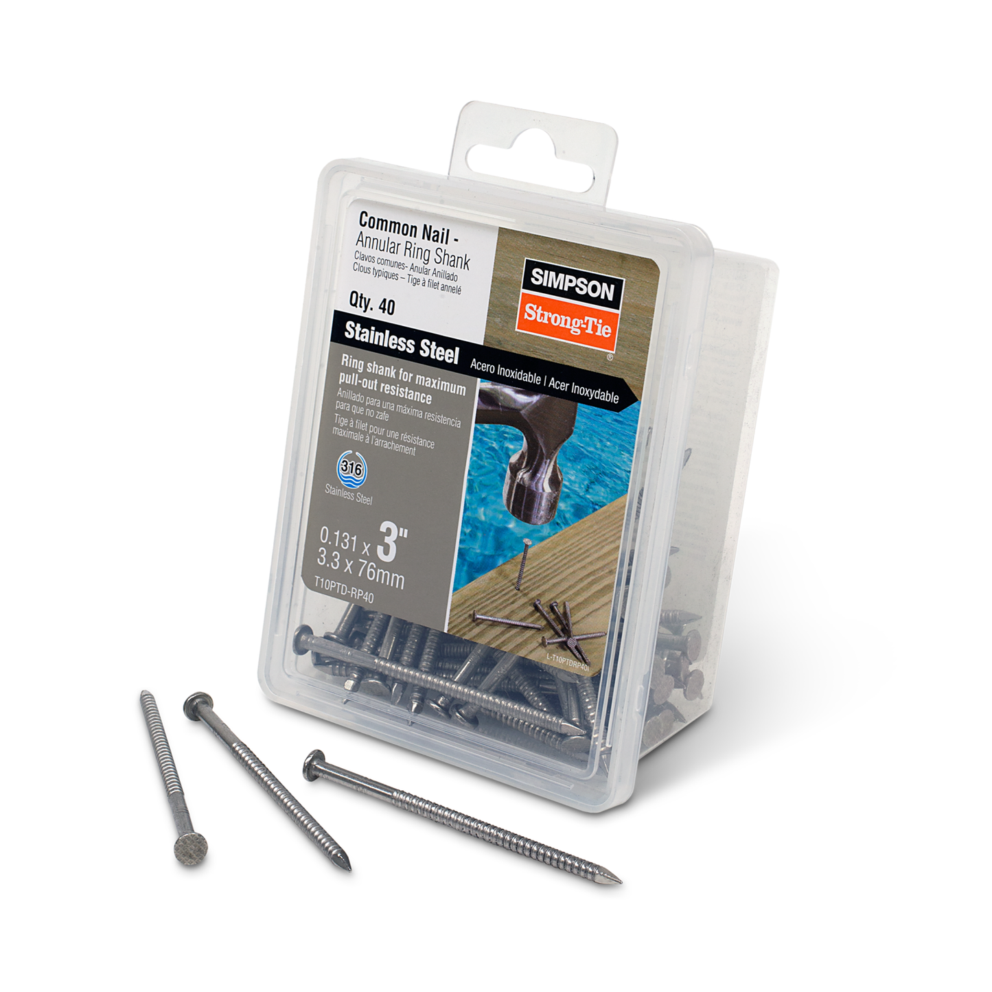 Simpson T10PTD-RP40 10d (3-1/4") Preservative-Treated Wood Decking Nail, Annular Ring Shank, Pkg 40