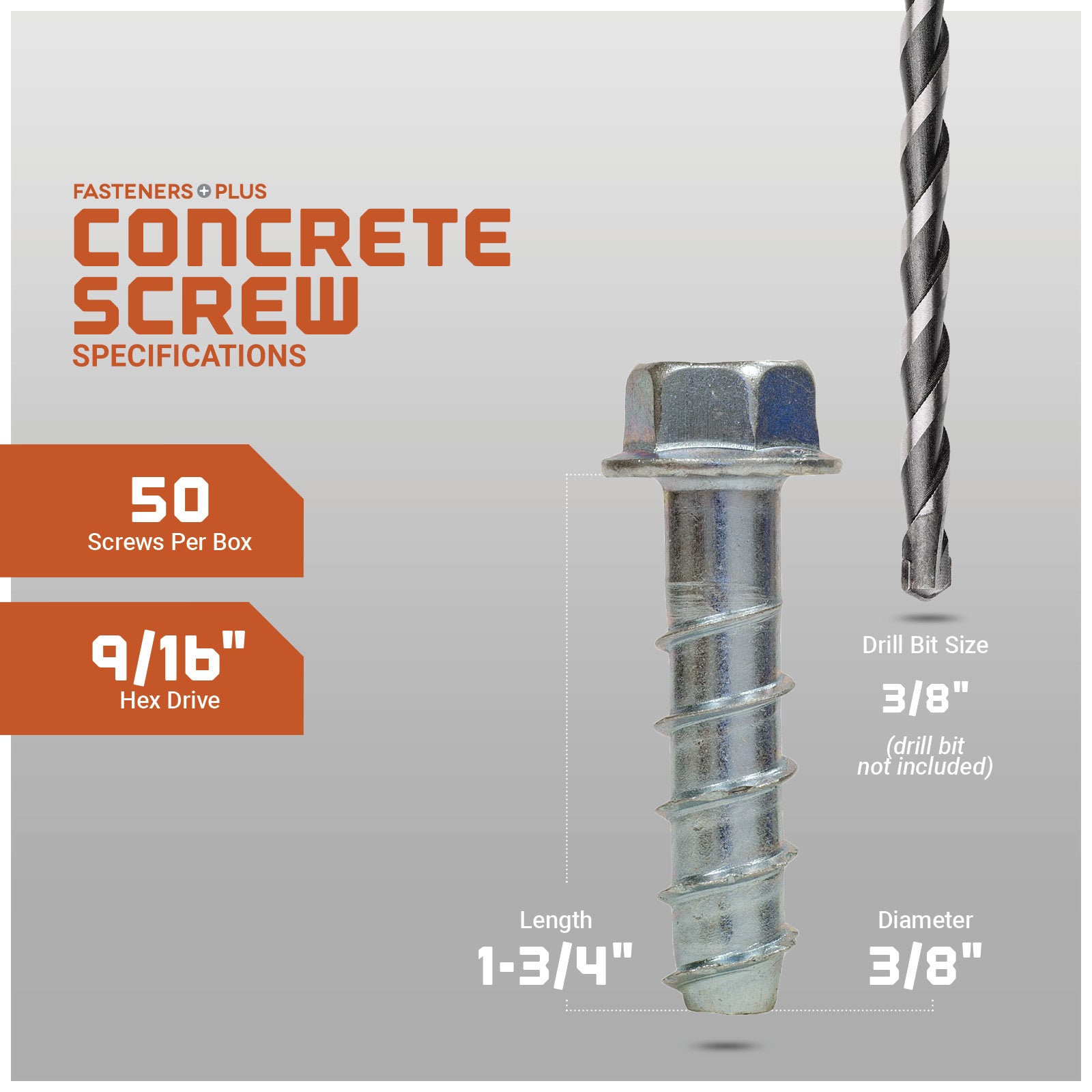 Concrete screw with specifications on a gray background