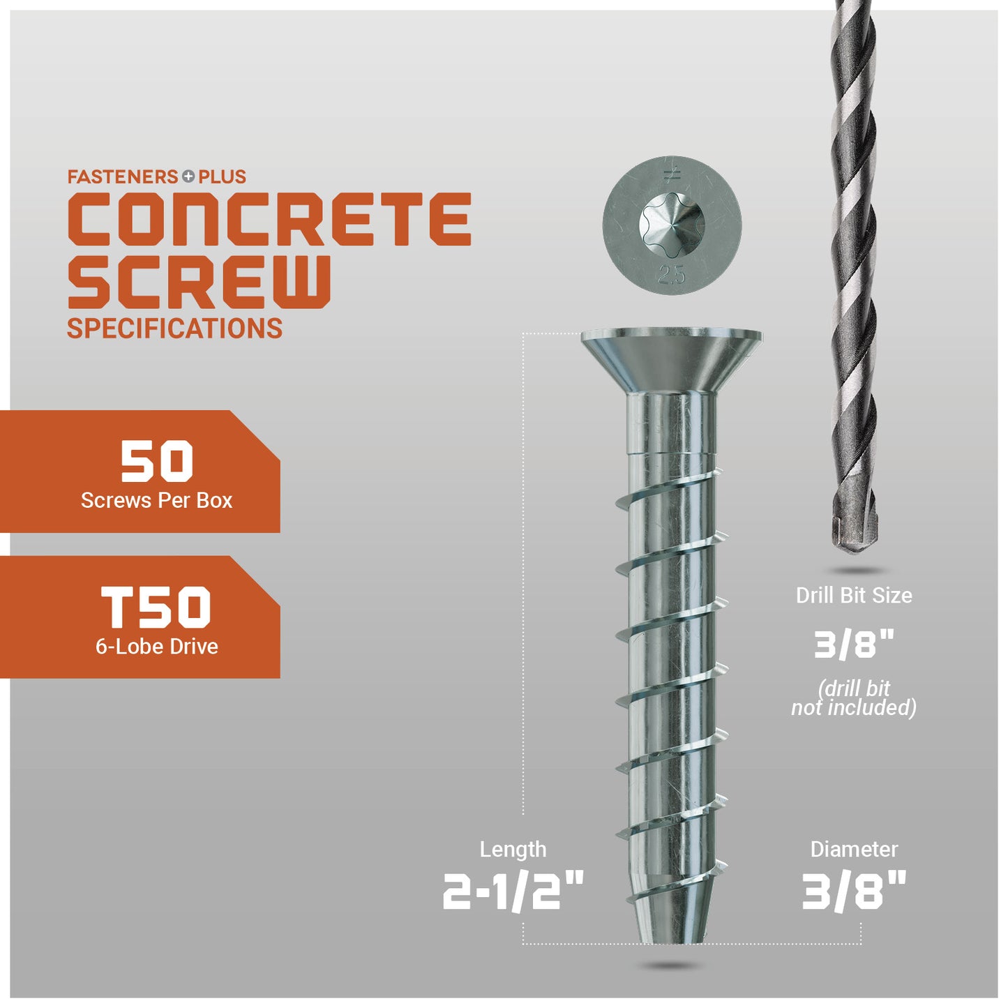 Concrete screw with specifications on a gray background