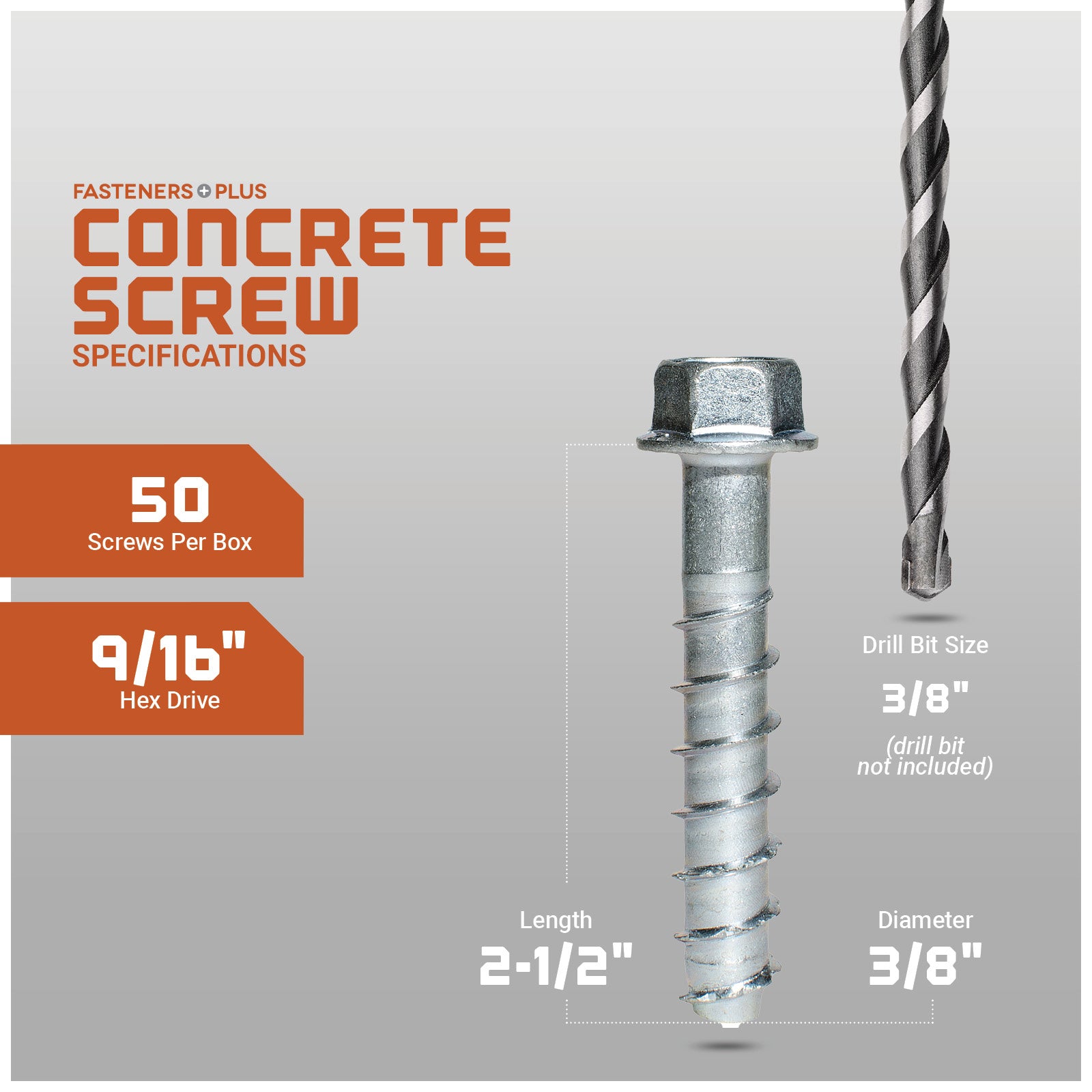 Concrete screw with specifications on a gray background
