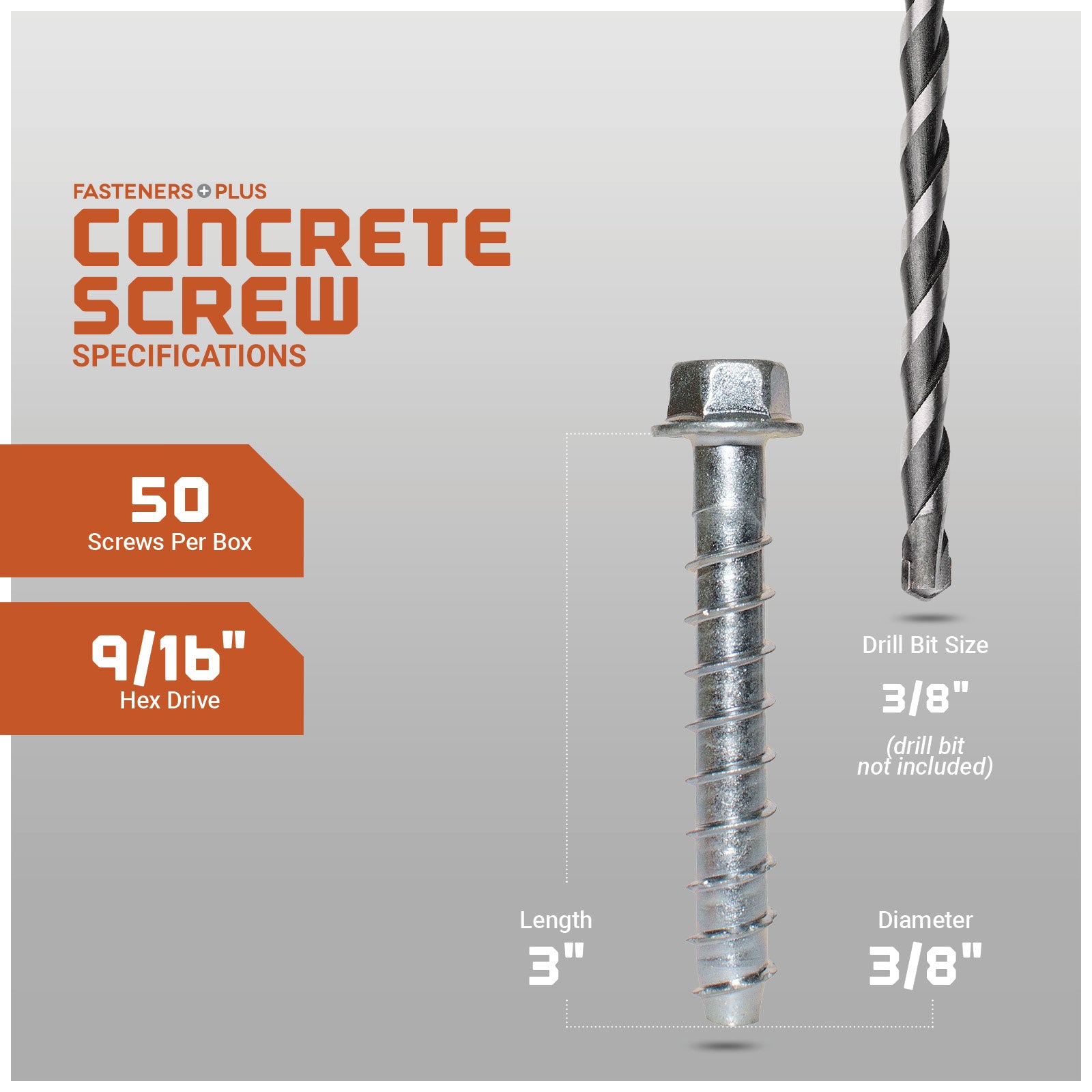 Concrete screw with drill bit on a gray background, featuring specifications.