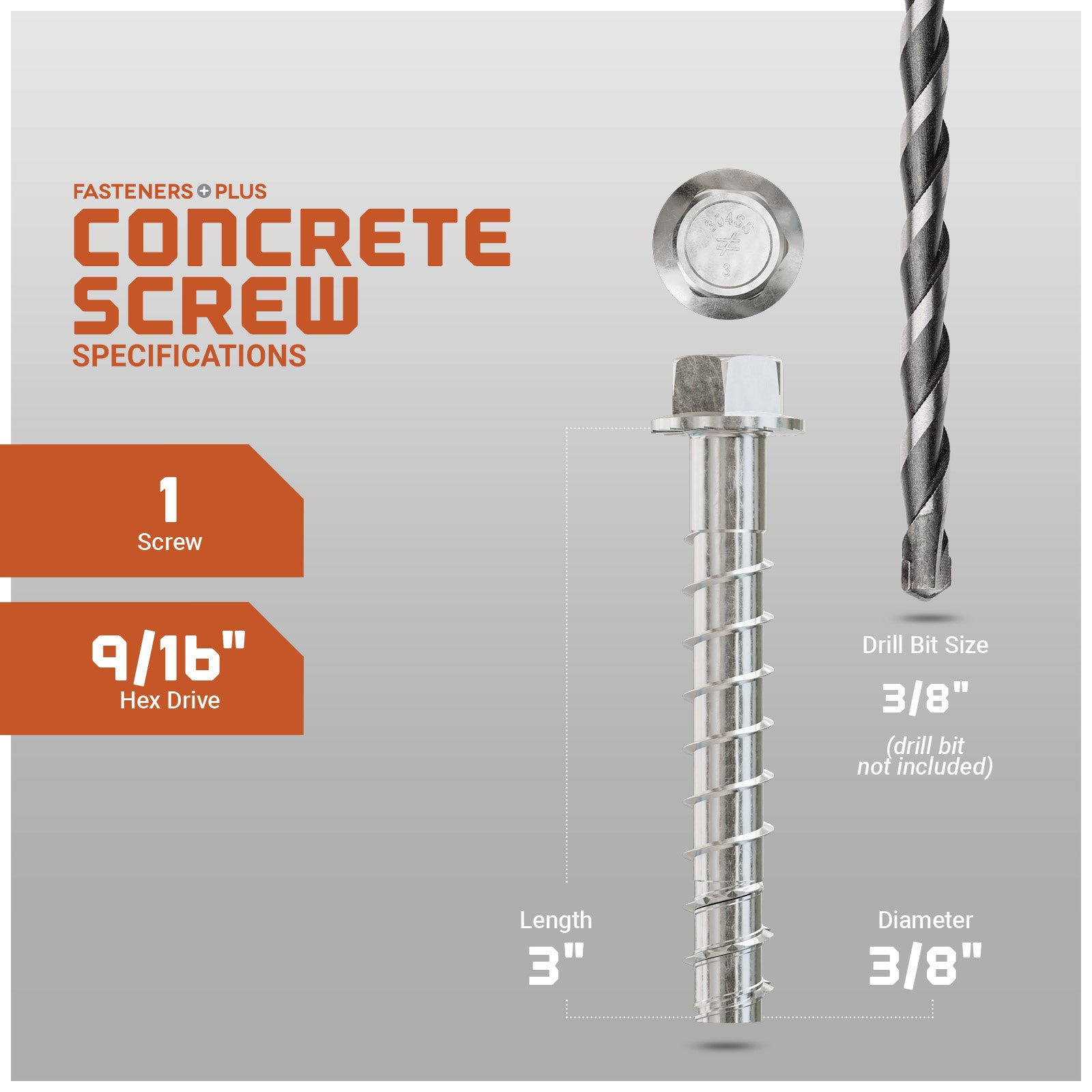 Concrete screw with specifications on a gray background