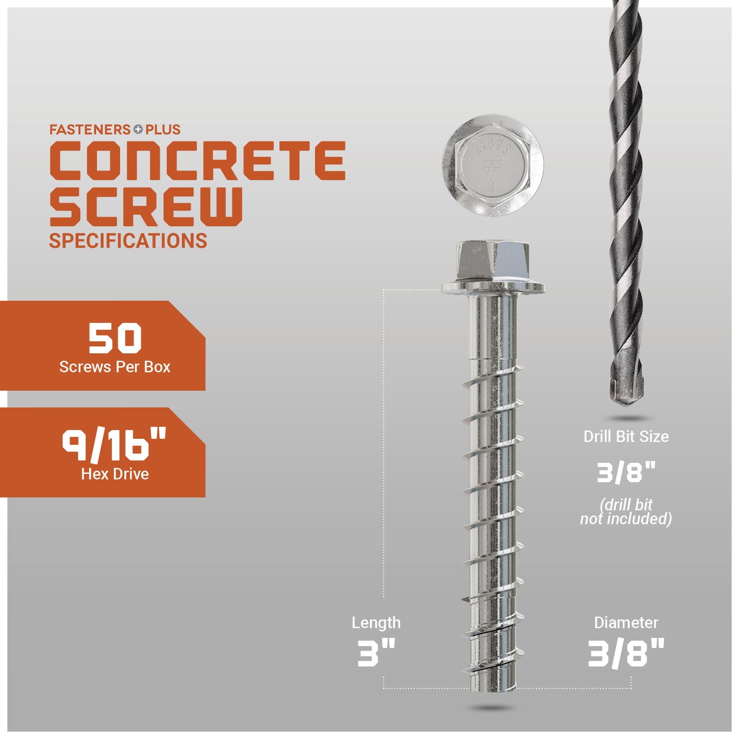 Concrete screw with specifications on a gray background