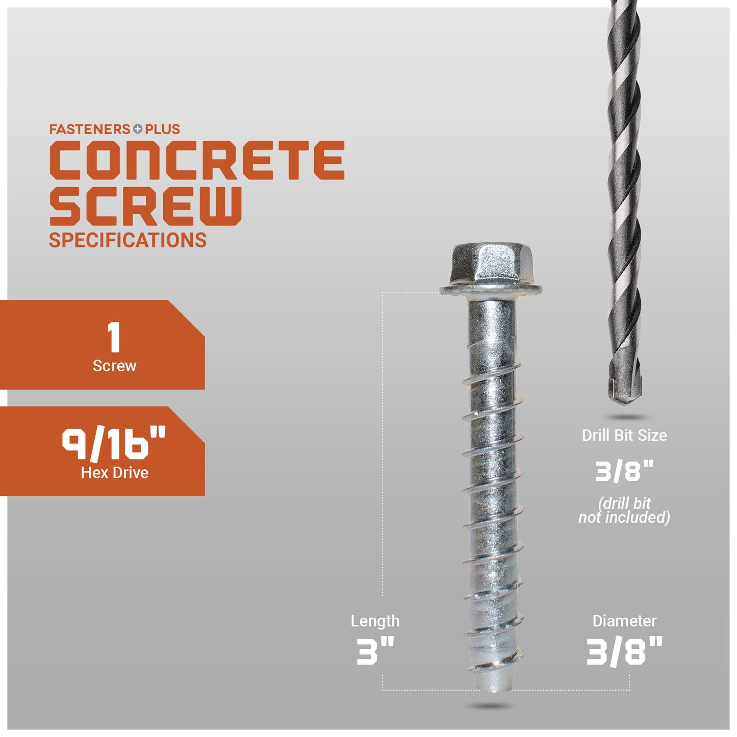 Concrete screw with drill bit on a gray background, featuring specifications.