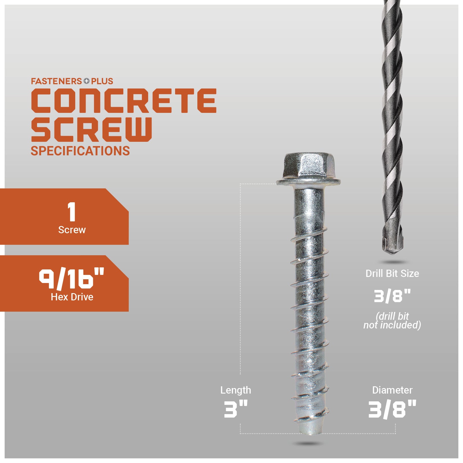 Concrete screw with drill bit on a gray background, featuring specifications.