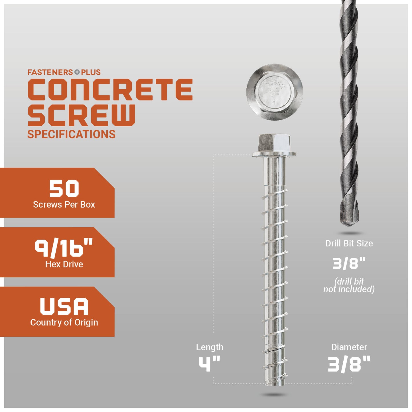 Concrete screw with specifications on a gray background