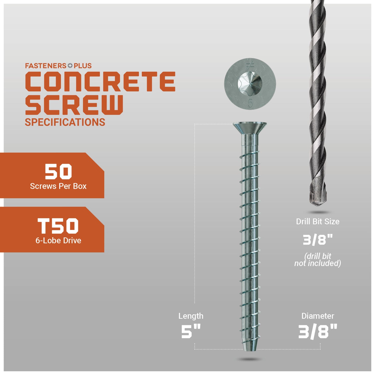 Concrete screw with drill bit on a gray background, featuring specifications.