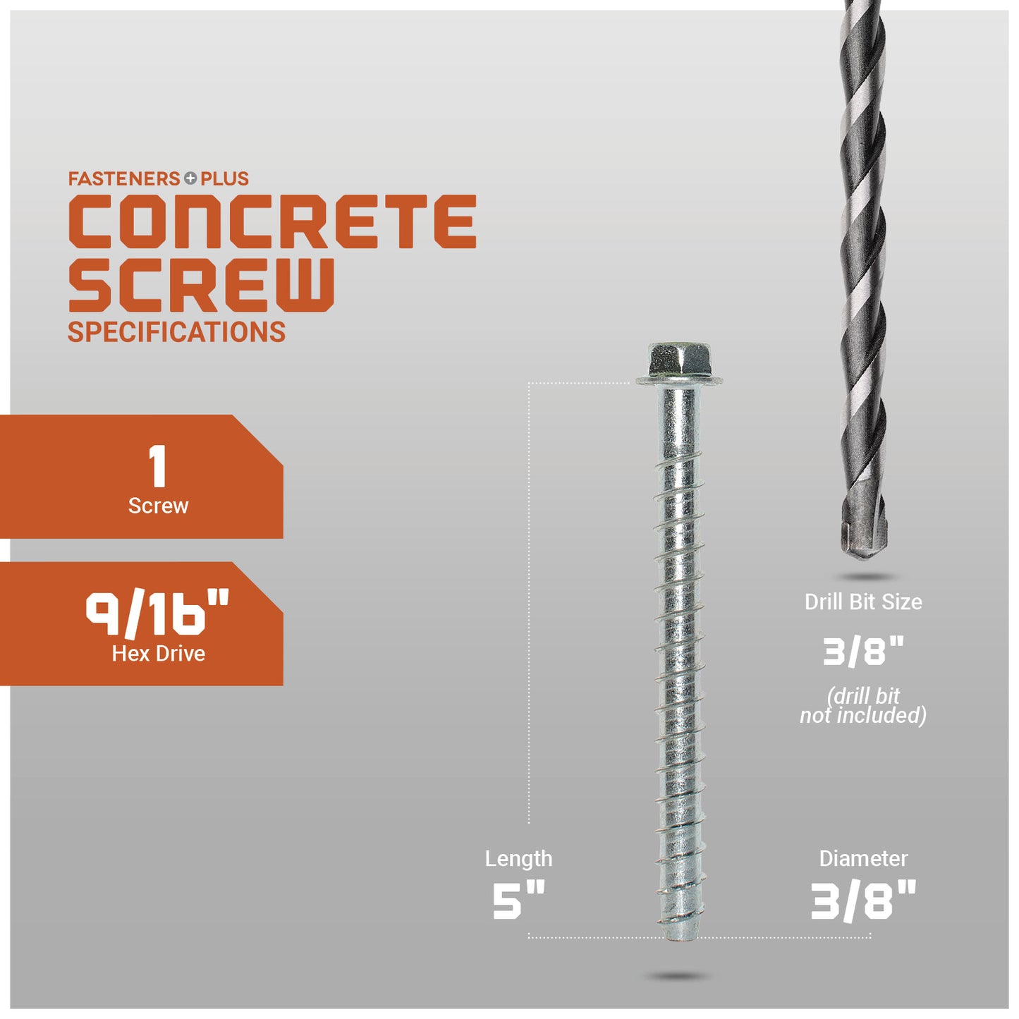 Concrete screw with specifications on a gray background