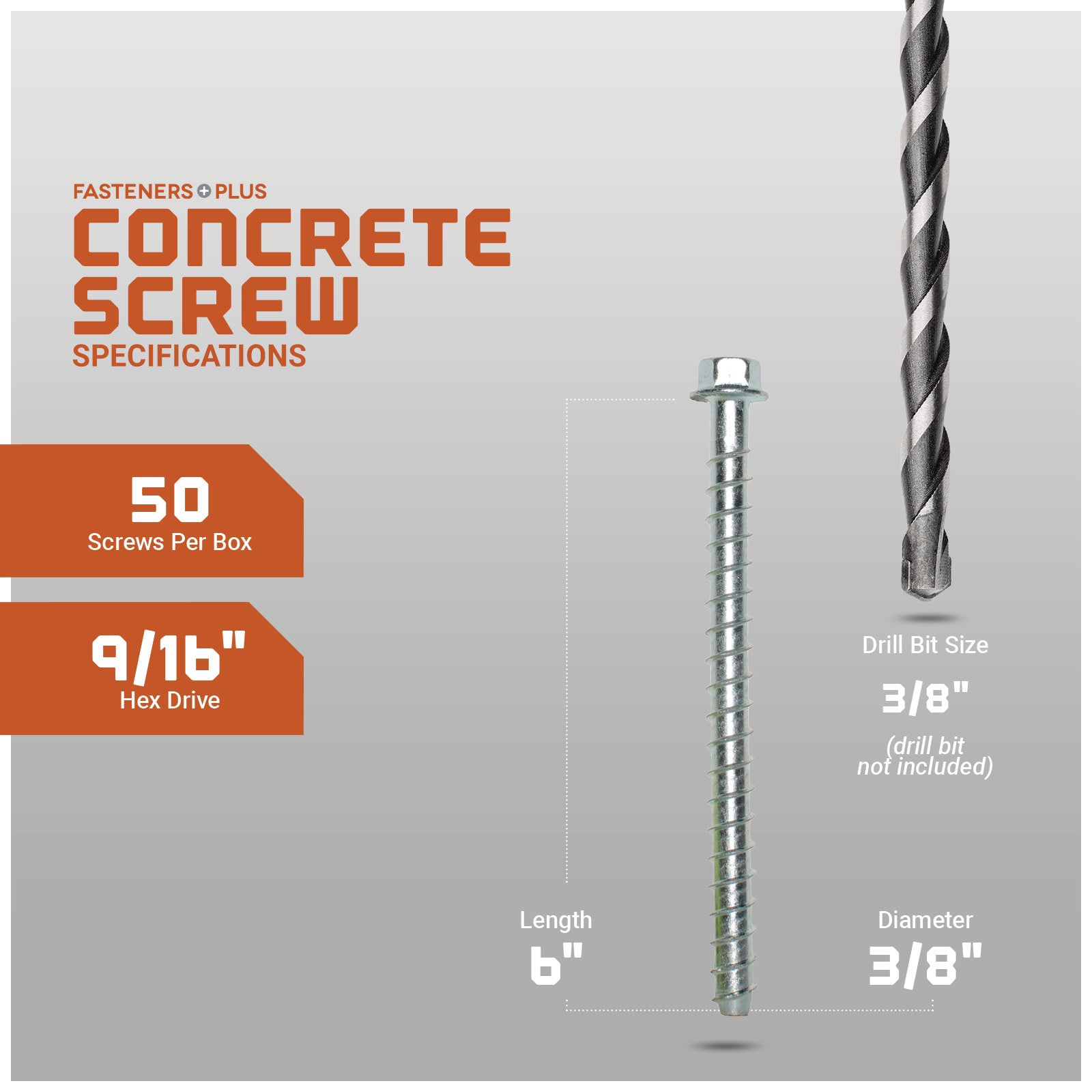 Concrete screw with drill bit on a gray background, featuring specifications.