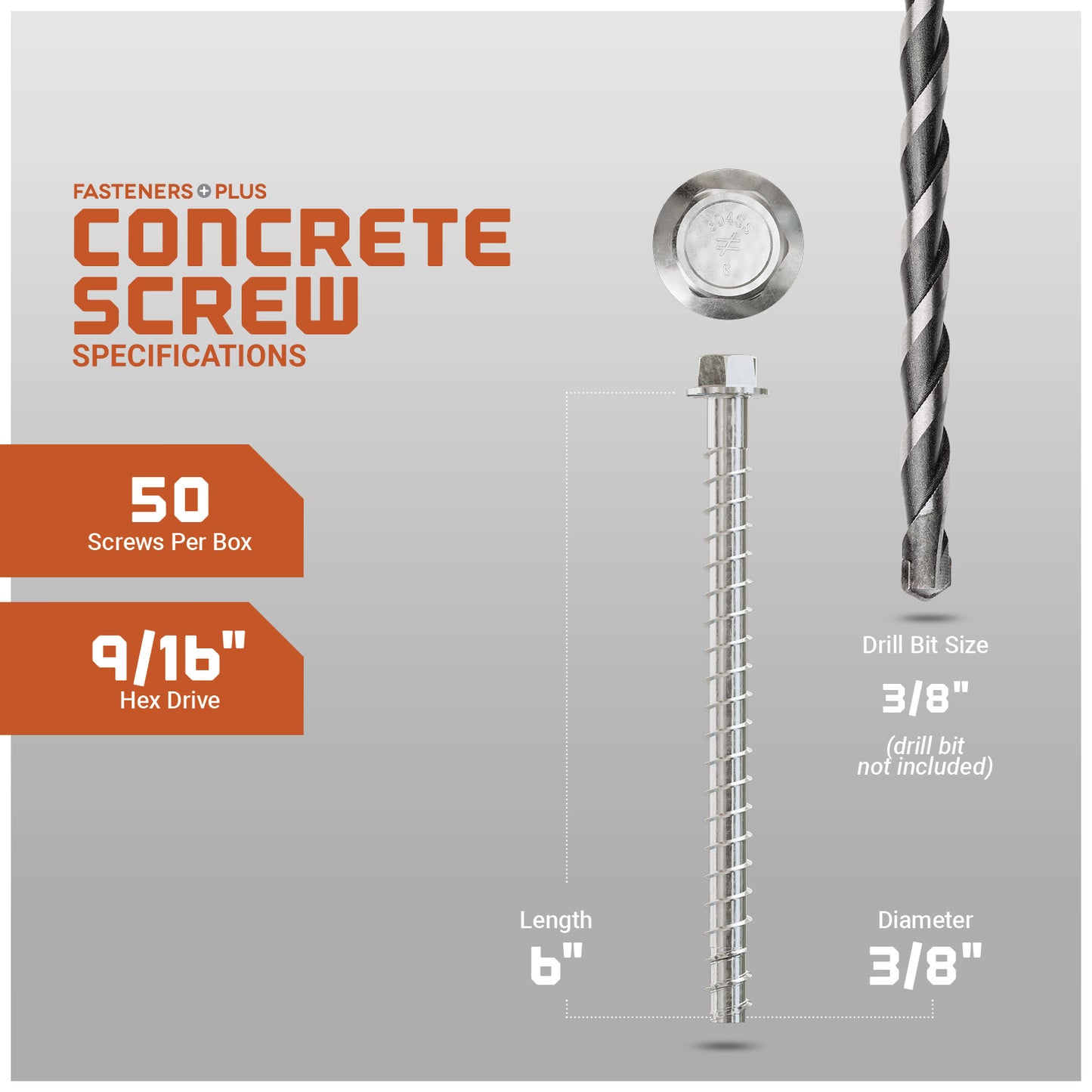 Concrete screw with drill bit on a gray background, featuring specifications.