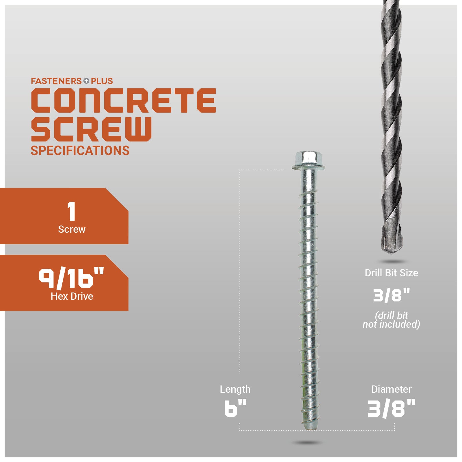 Concrete screw with drill bit specifications on a gray background