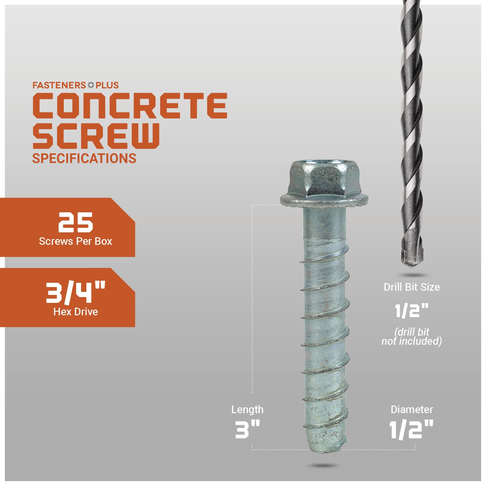 Concrete screw with drill bit on a gray background, featuring specifications.