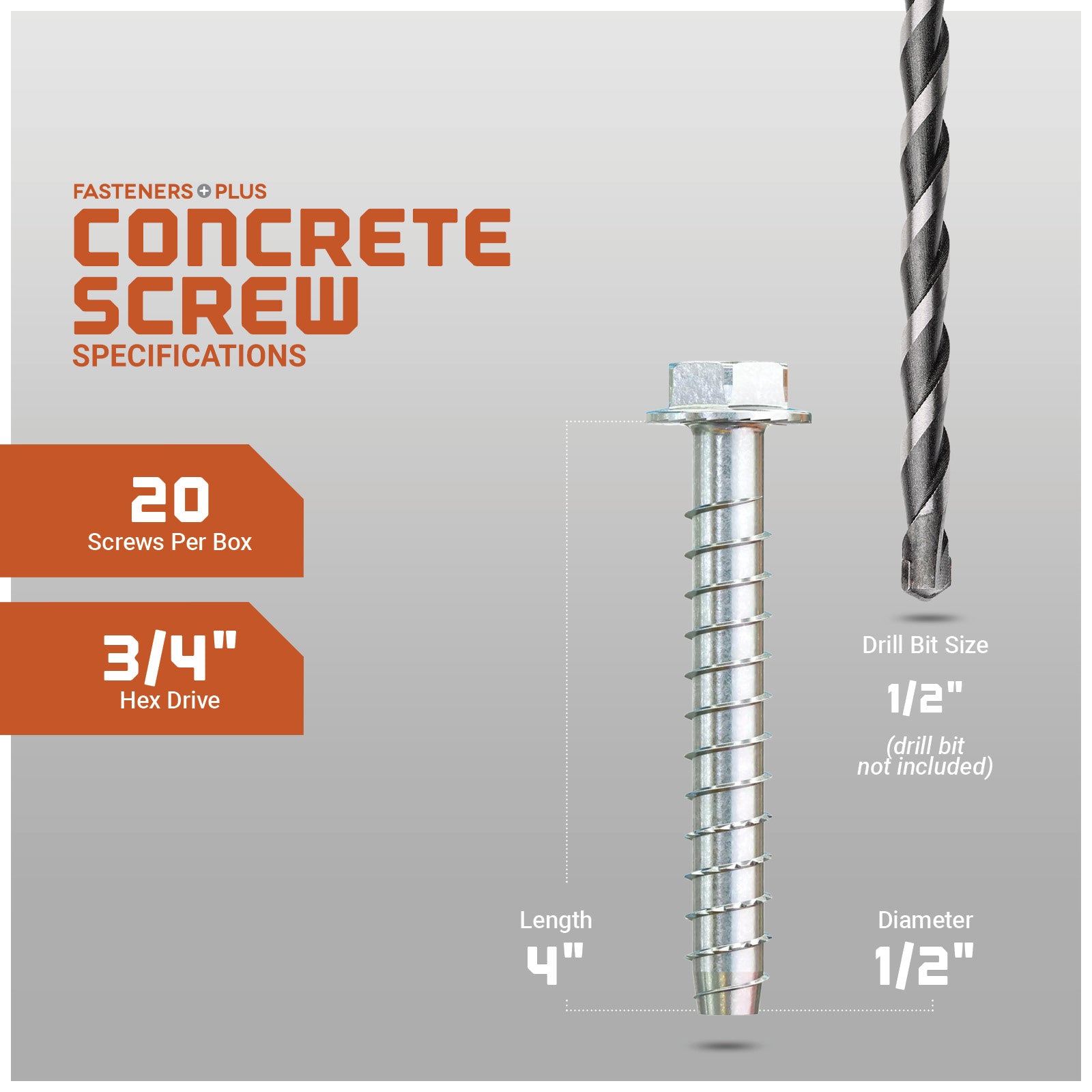 Concrete screw with specifications on a gray background