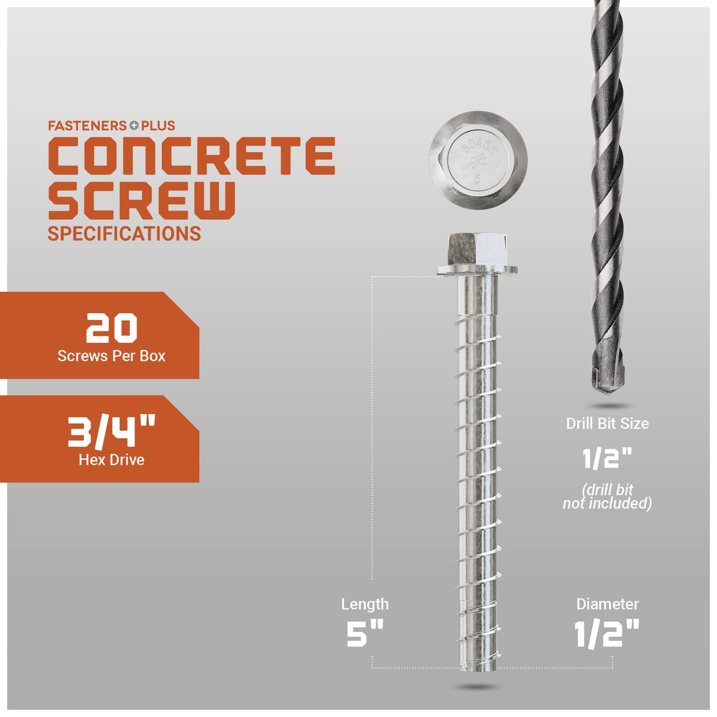 Concrete screw with drill bit on a gray background, featuring specifications.