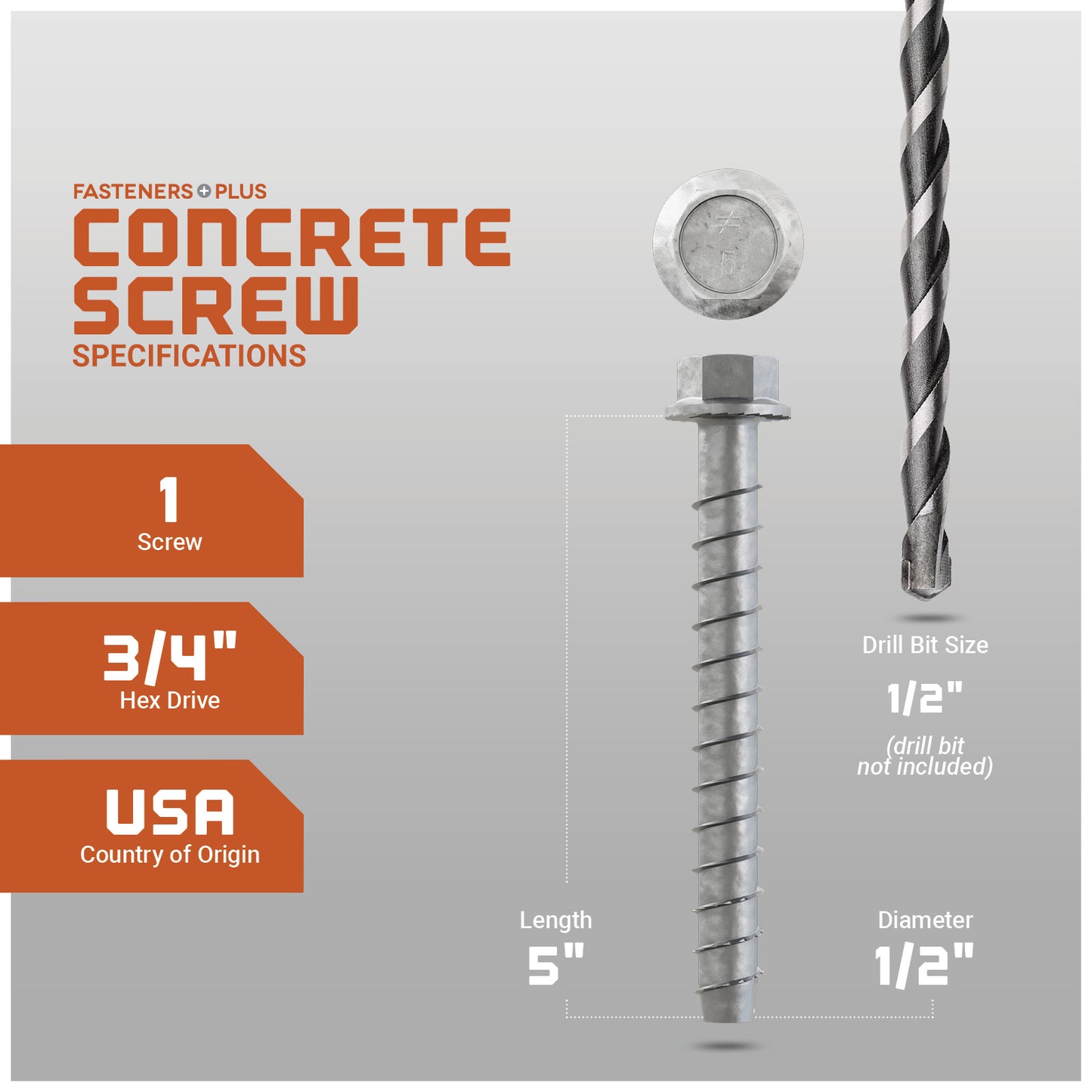 Concrete screw with specifications on a gray background