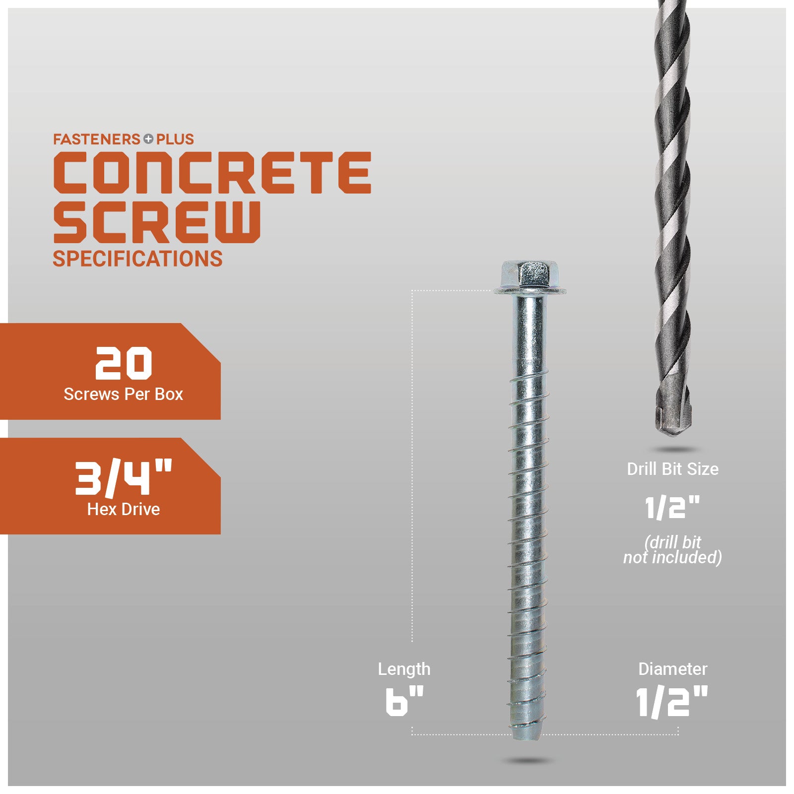 Concrete screw with specifications on a gray background