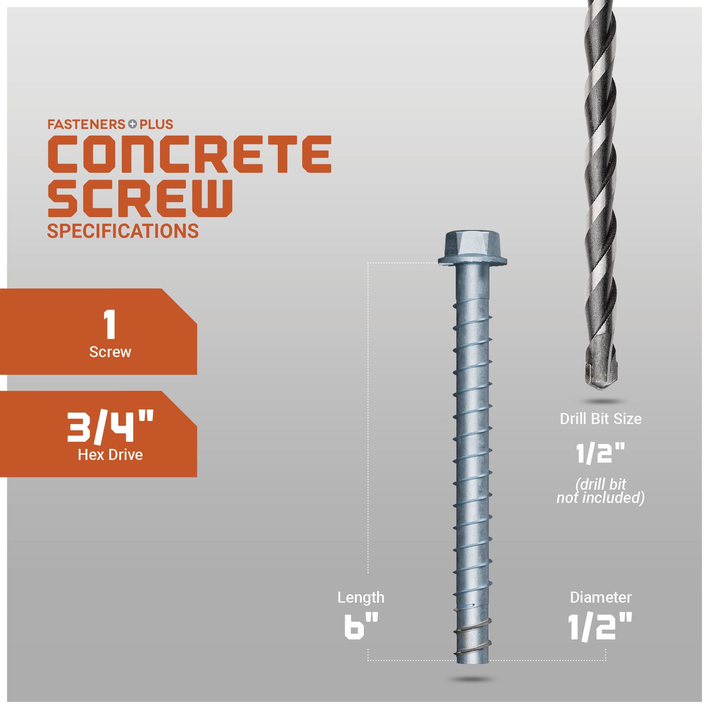 Concrete screw with specifications on a gray background