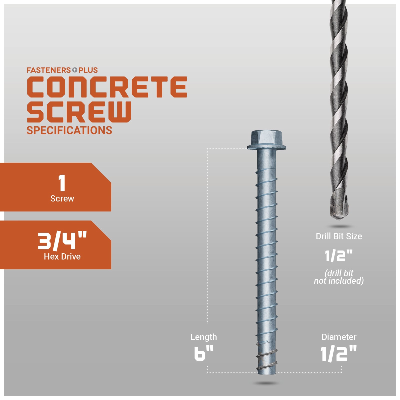 Concrete screw with specifications on a gray background