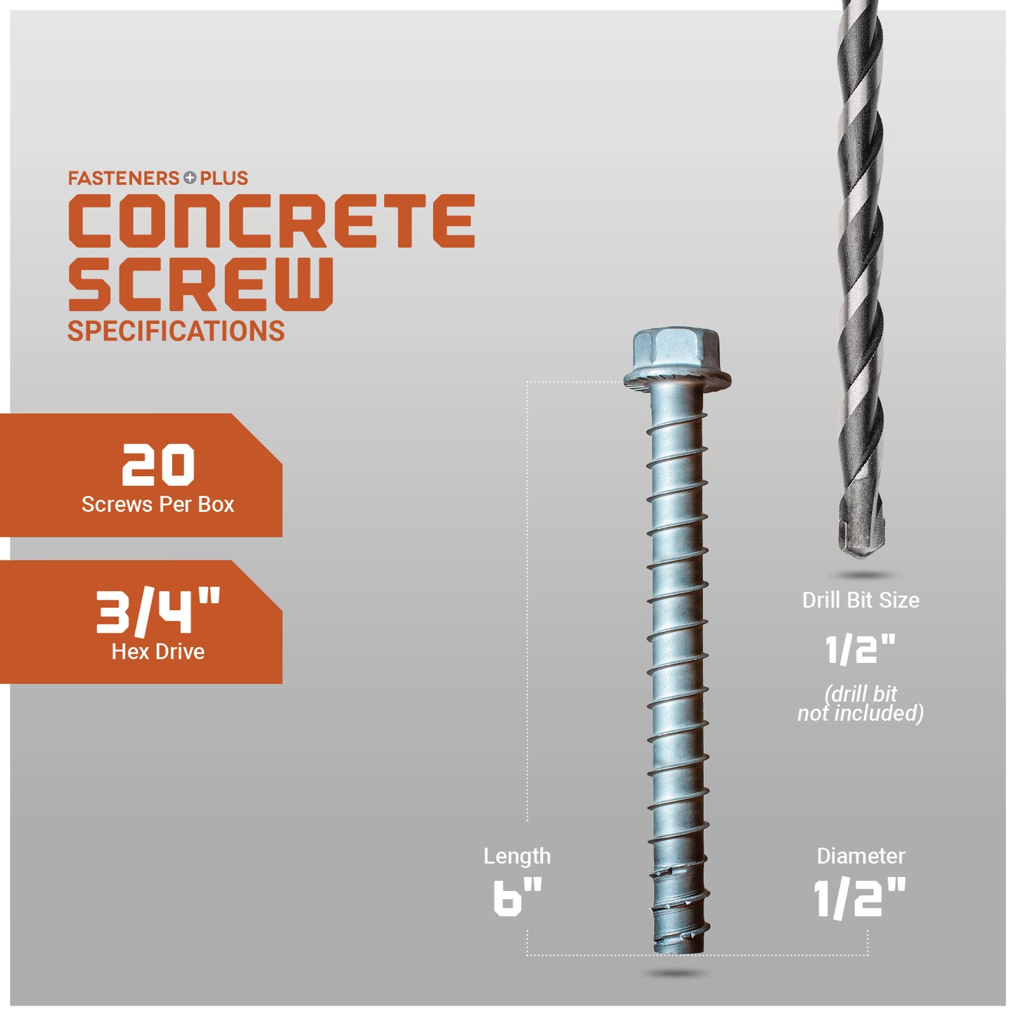 Concrete screw with specifications on a gray background