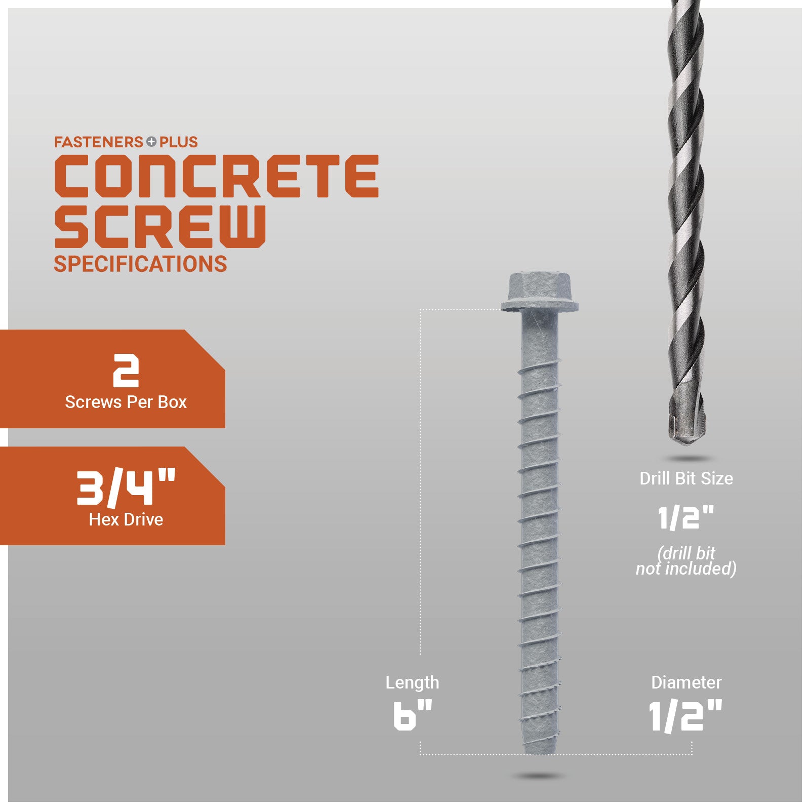Concrete screw with drill bit on a gray background, featuring specifications.